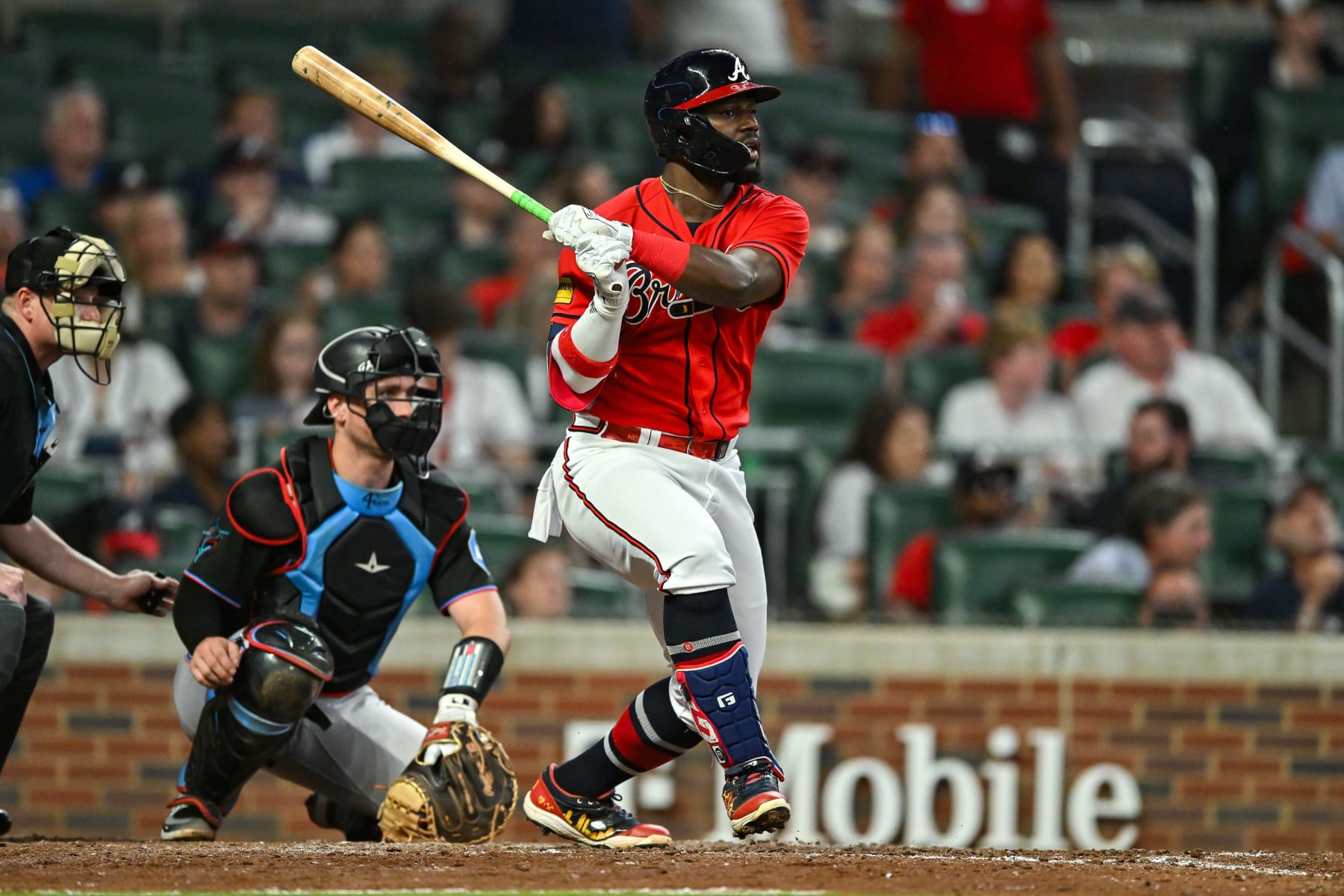 ATLANTA, GA  JUNE 30:  Atlanta center fielder Michael Harris II (23) gets a base hit during the MLB game between the Miami Marlins and the Atlanta Braves on June 30th, 2023 at Truist Park in Atlanta, GA. (Photo by Rich von Biberstein/Icon Sportswire via Getty Images)