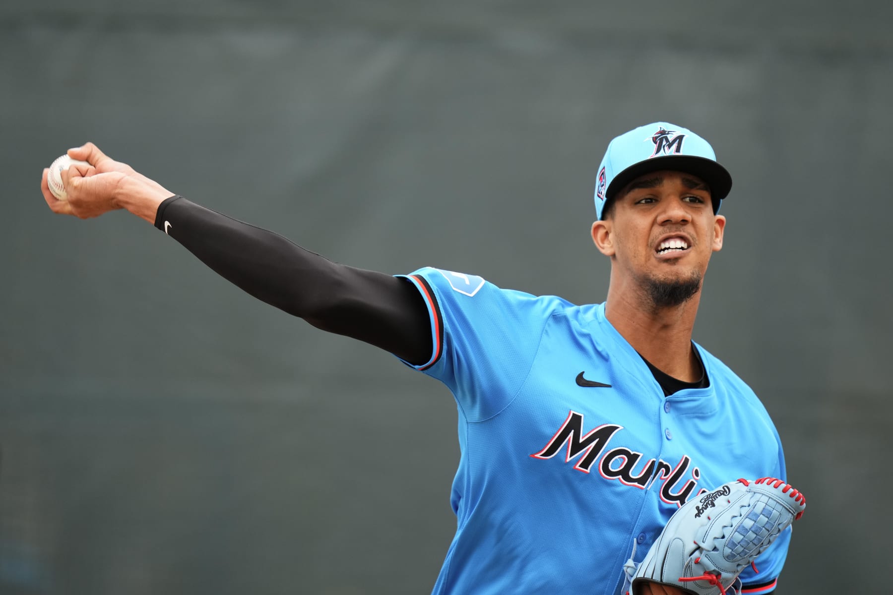 JUPITER, FLORIDA - FEBRUARY 19: Eury Perez #39 of the Miami Marlins throws a pitch during spring training workouts at Roger Dean Stadium on February 19, 2024 in Jupiter, Florida. (Photo by Rich Storry/Getty Images)
