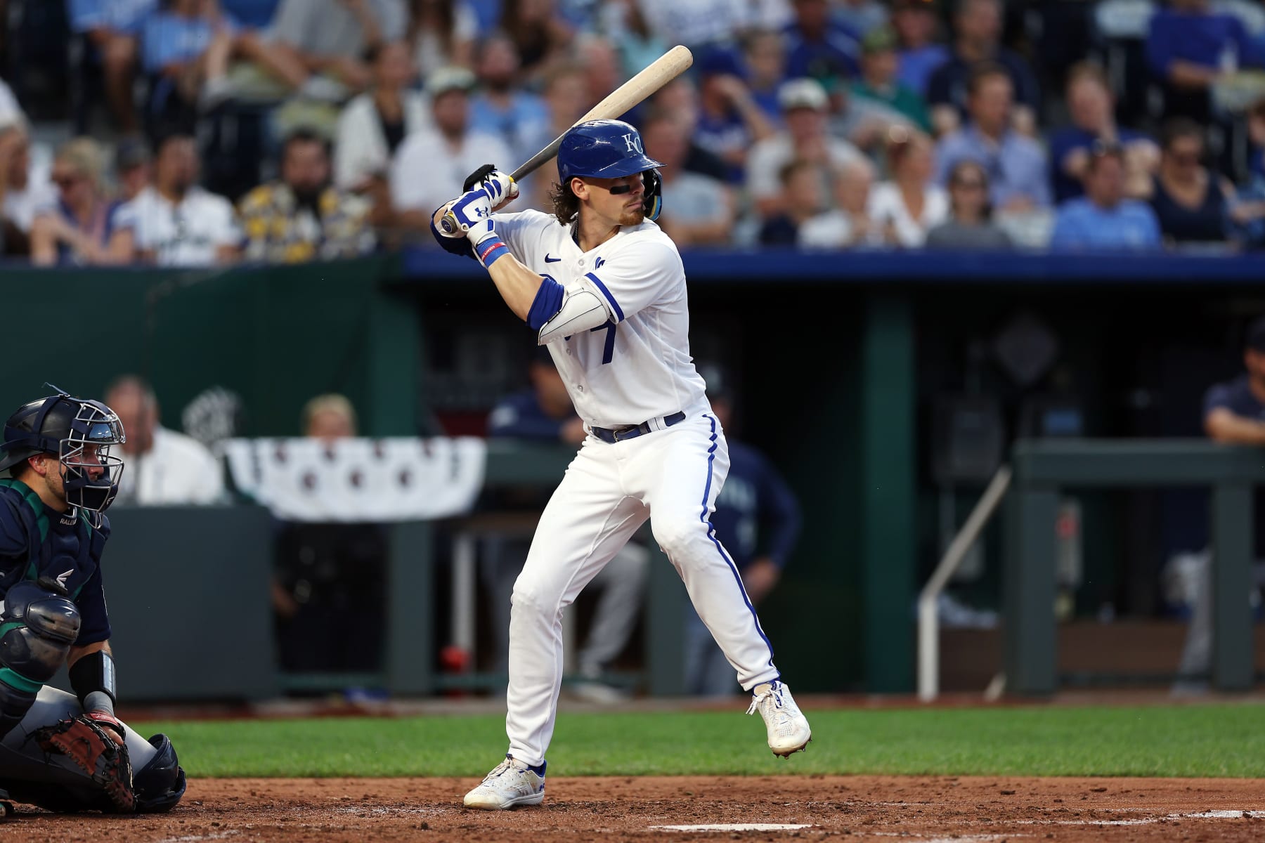 KANSAS CITY, MISSOURI - AUGUST 16:  Bobby Witt Jr. #7 of the Kansas City Royals bats during the 3rd inning of the game against the Seattle Mariners at Kauffman Stadium on August 16, 2023 in Kansas City, Missouri. (Photo by Jamie Squire/Getty Images)