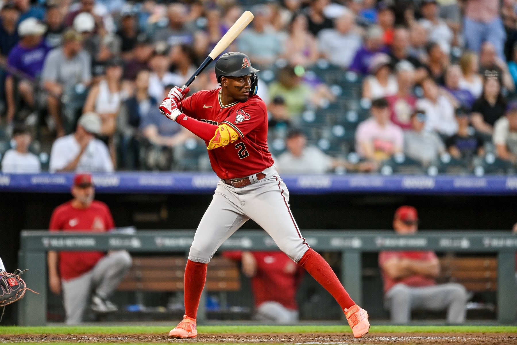 DENVER, CO - AUGUST 15: Geraldo Perdomo #2 of the Arizona Diamondbacks bats in the fourth inning against the Colorado Rockies at Coors Field on August 15, 2023 in Denver, Colorado. (Photo by Dustin Bradford/Getty Images)