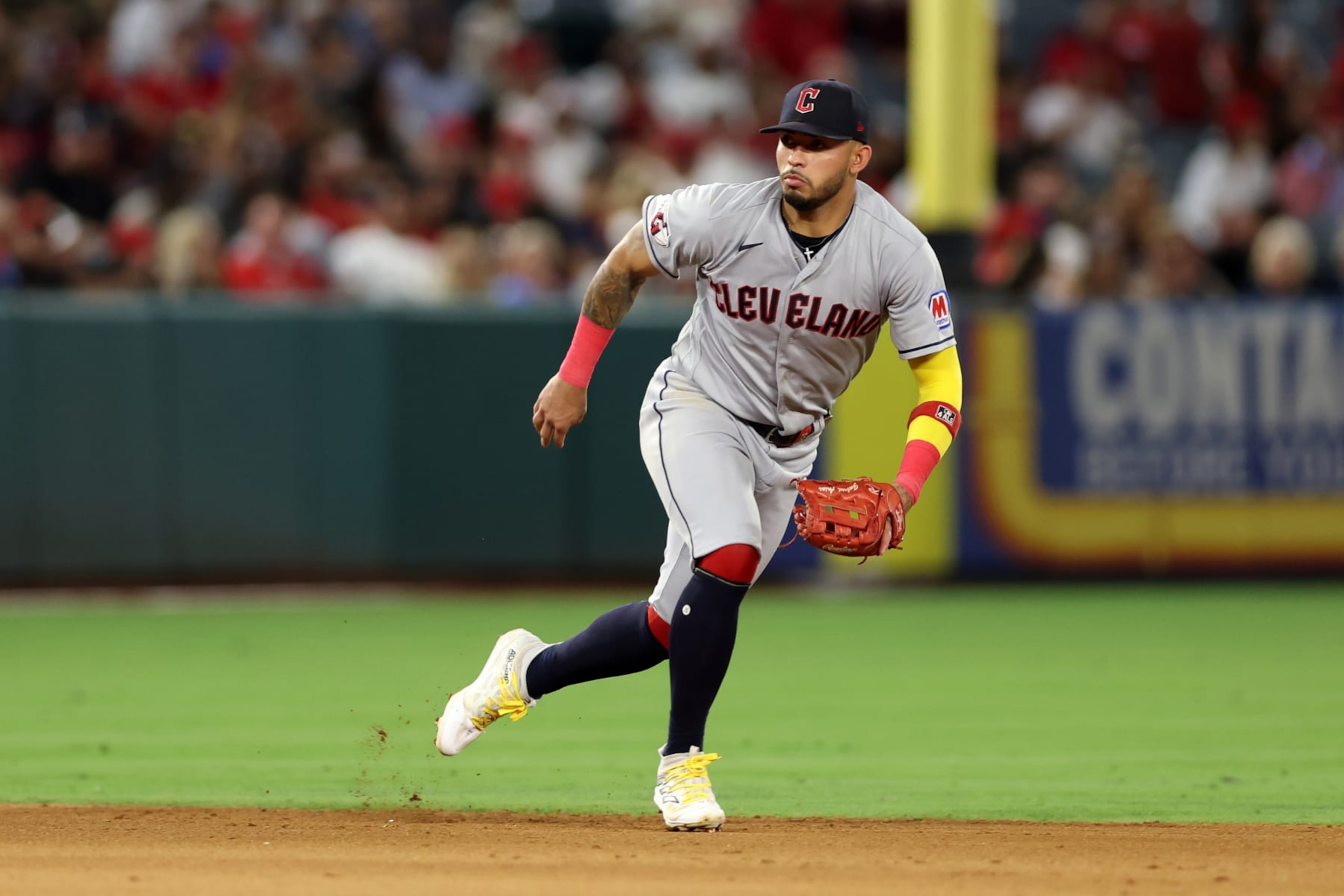 ANAHEIM, CA - SEPTEMBER 09: Gabriel Arias #13 of the Cleveland Guardians plays shortstop during the game between the Cleveland Guardians and the Los Angeles Angels at Angel Stadium of Anaheim on Saturday, September 9, 2023 in Anaheim, California. (Photo by Rob Leiter/MLB Photos via Getty Images)