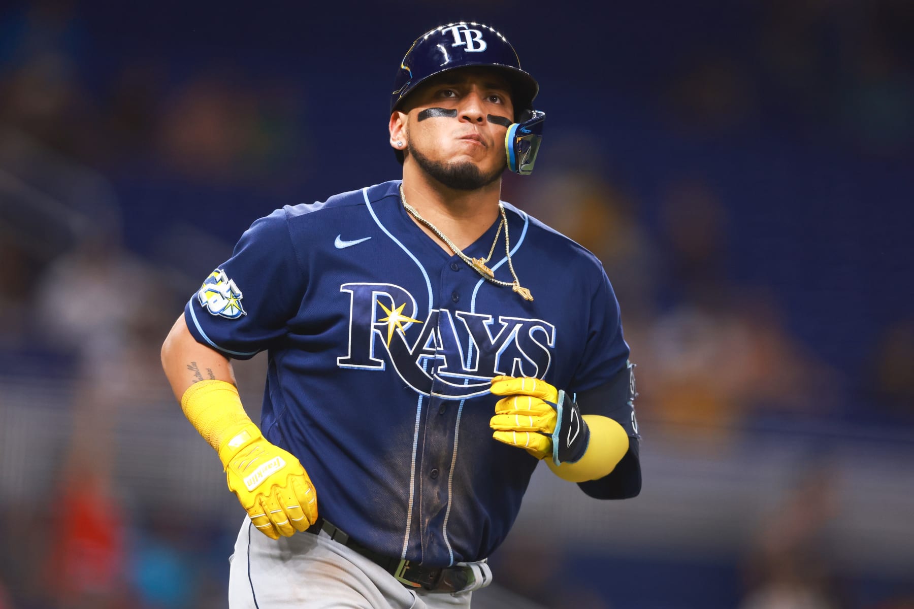 MIAMI, FLORIDA - AUGUST 29: Isaac Paredes #17 of the Tampa Bay Rays in action against the Miami Marlins during the ninth inning at loanDepot park on August 29, 2023 in Miami, Florida. (Photo by Megan Briggs/Getty Images)