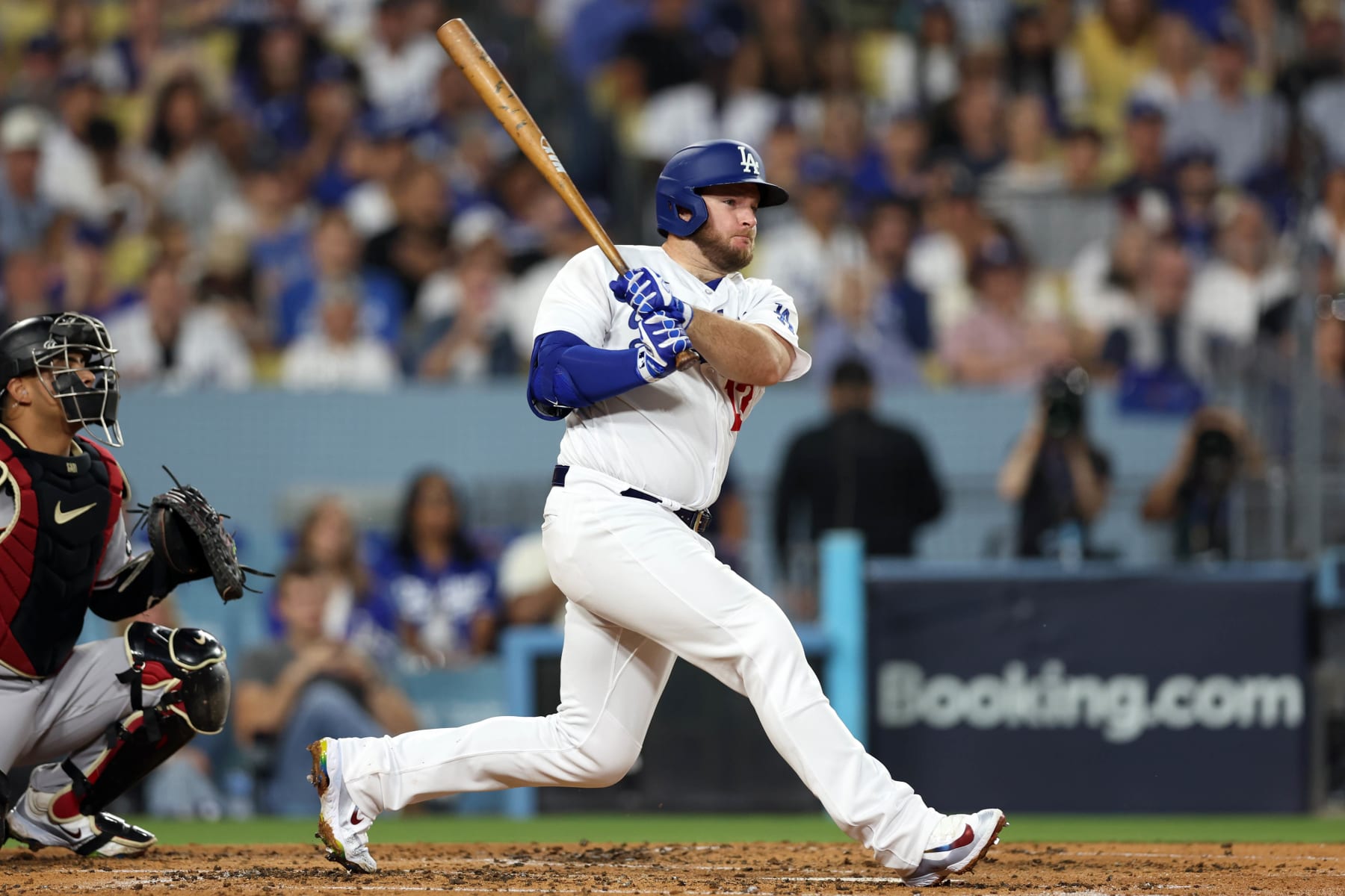 LOS ANGELES, CA - OCTOBER 07: Max Muncy #13 of the Los Angeles Dodgers bats during Game 1 of the Division Series between the Arizona Diamondbacks and the Los Angeles Dodgers at Dodger Stadium on Saturday, October 7, 2023 in Los Angeles, California. (Photo by Rob Leiter/MLB Photos via Getty Images)
