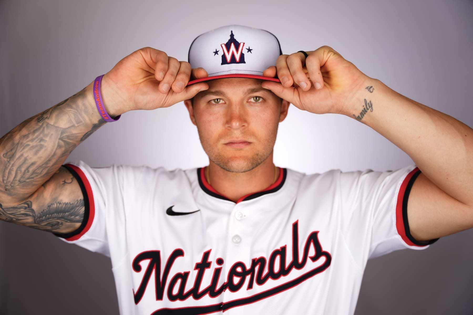 WEST PALM BEACH, FLORIDA - FEBRUARY 24: Nick Senzel #13 of the Washington Nationals poses for a portrait during photo day at The Ballpark of the Palm Beaches on February 24, 2024 in West Palm Beach, Florida. (Photo by Rich Storry/Getty Images)