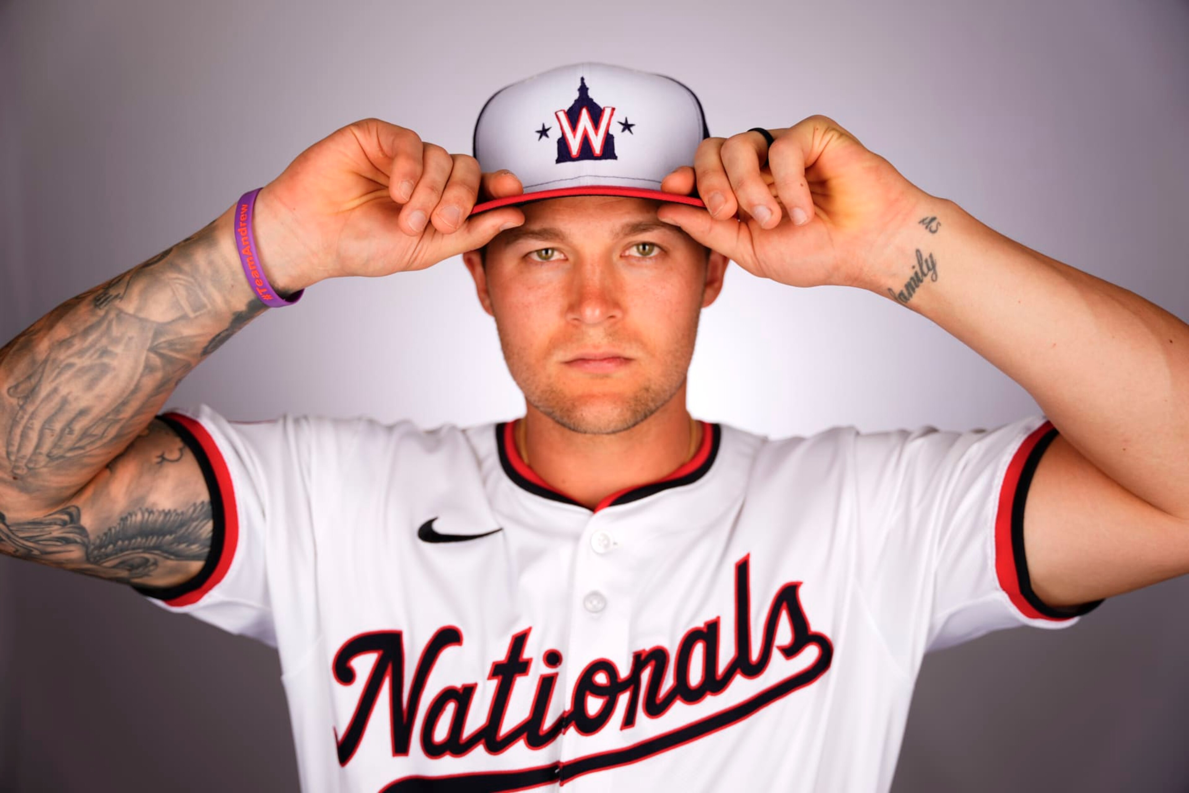 WEST PALM BEACH, FLORIDA - FEBRUARY 24: Nick Senzel #13 of the Washington Nationals poses for a portrait during photo day at The Ballpark of the Palm Beaches on February 24, 2024 in West Palm Beach, Florida. (Photo by Rich Storry/Getty Images)