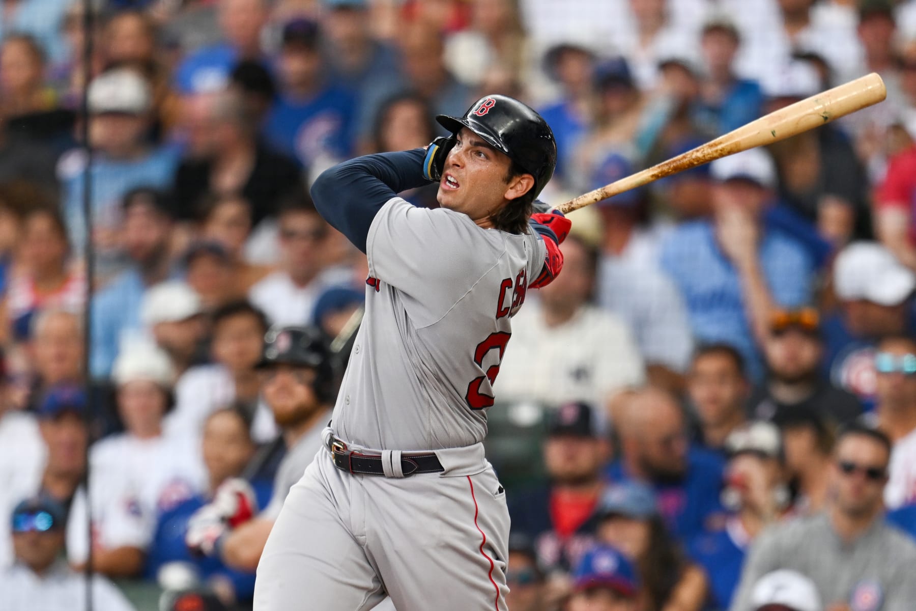 CHICAGO, ILLINOIS - JULY 15: Triston Casas #36 of the Boston Red Sox hits a two-run home run in the seventh inning of the game against the Chicago Cubs at Wrigley Field on July 15, 2023 in Chicago, Illinois. (Photo by Quinn Harris/Getty Images)