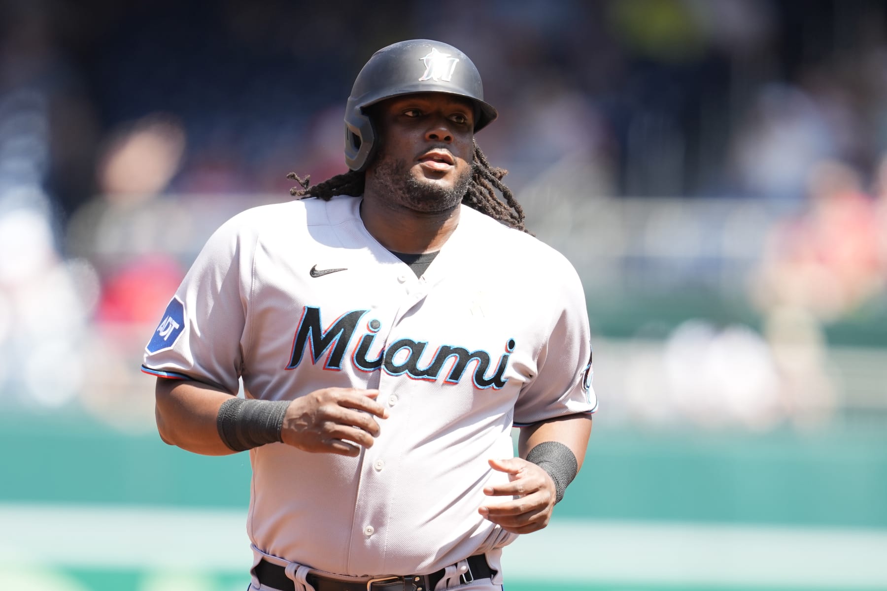 WASHINGTON, DC - SEPTEMBER 03:  Josh Bell #9 of the Miami Marlins runs to third base during a baseball game against the Washington Nationals at Nationals Park on September 3, 2023 in Washington, DC.  (Photo by Mitchell Layton/Getty Images)
