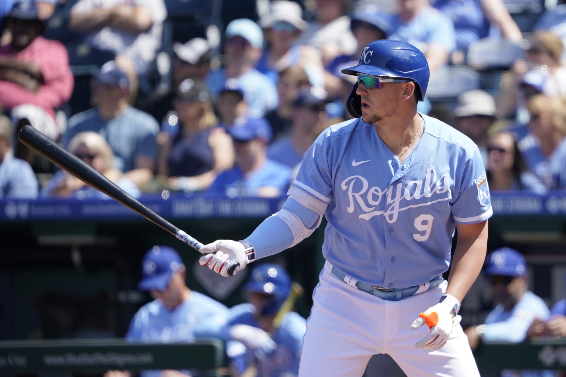 KANSAS CITY, MISSOURI - MAY 27: Vinnie Pasquantino #9 of the Kansas City Royals bats in the first inning against the Washington Nationals at Kauffman Stadium on May 27, 2023 in Kansas City, Missouri.