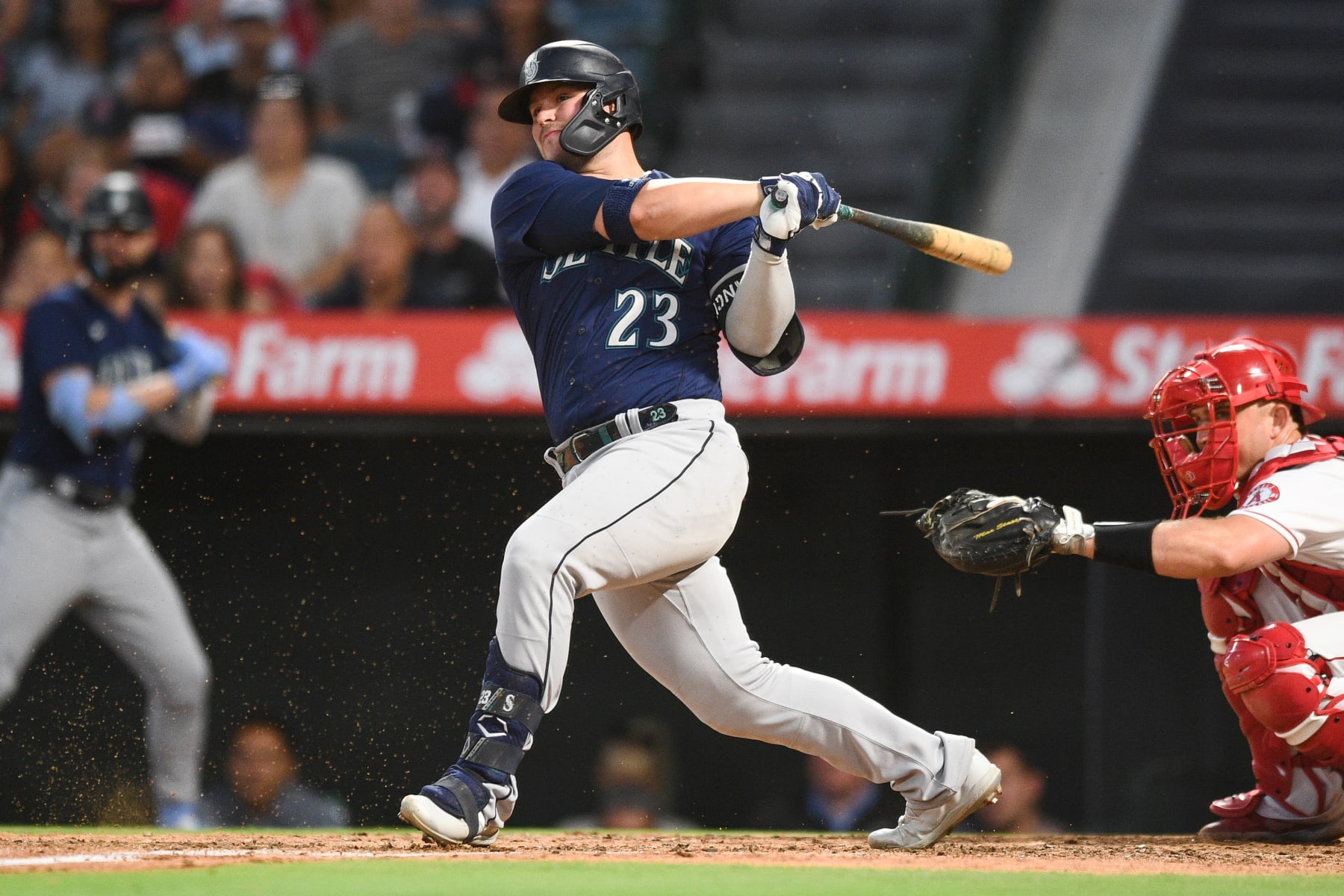 ANAHEIM, CA - AUGUST 16: Seattle Mariners first baseman Ty France (23) swings at a pitch during the MLB game between the Seattle Mariners and the Los Angeles Angels of Anaheim on August 16, 2022 at Angel Stadium of Anaheim in Anaheim, CA. (Photo by Brian Rothmuller/Icon Sportswire via Getty Images)