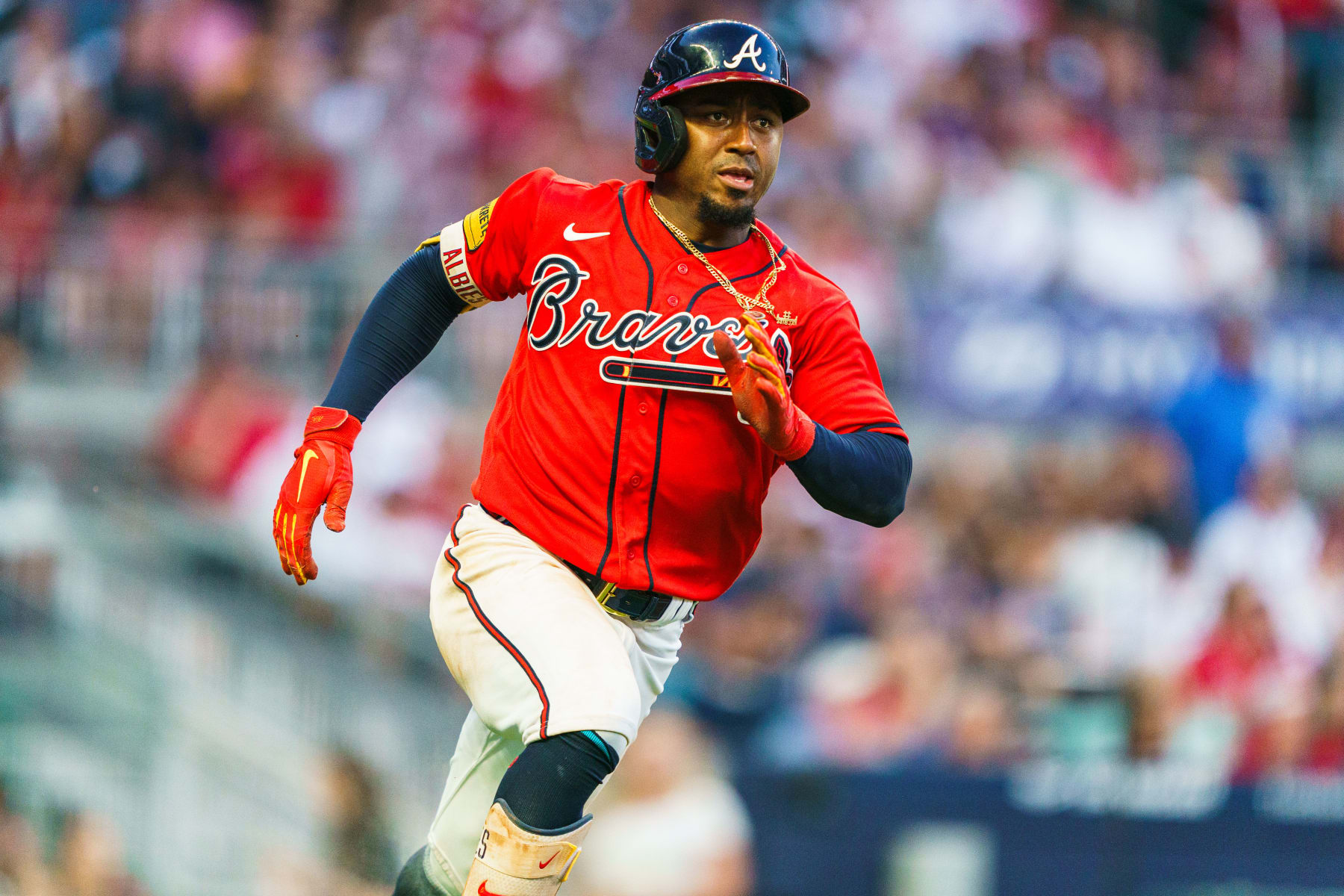 ATLANTA, GA - JUNE 30: Ozzie Albies #1 of the Atlanta Braves hits a double in the fifth inning during the game against the Miami Marlins at Truist Park on June 30, 2023 in Atlanta, Georgia. (Photo by Matthew Grimes Jr./Atlanta Braves/Getty Images)