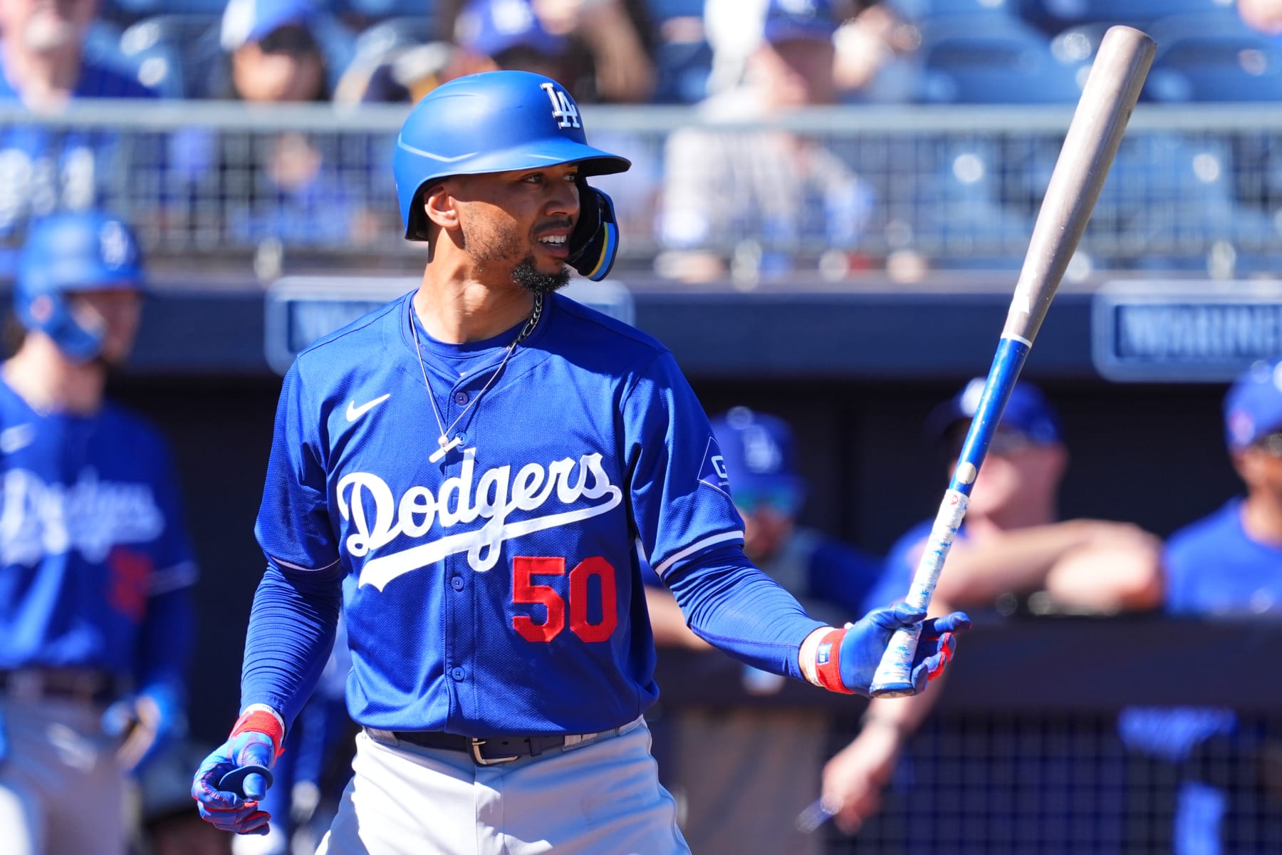 PEORIA, ARIZONA - FEBRUARY 22: Mookie Betts of the Los Angeles Dodgers at bat during a spring training game against the San Diego Padres at the Peoria Sports Complex on February 22, 2024 in Peoria, Arizona. (Photo by Masterpress/Getty Images)