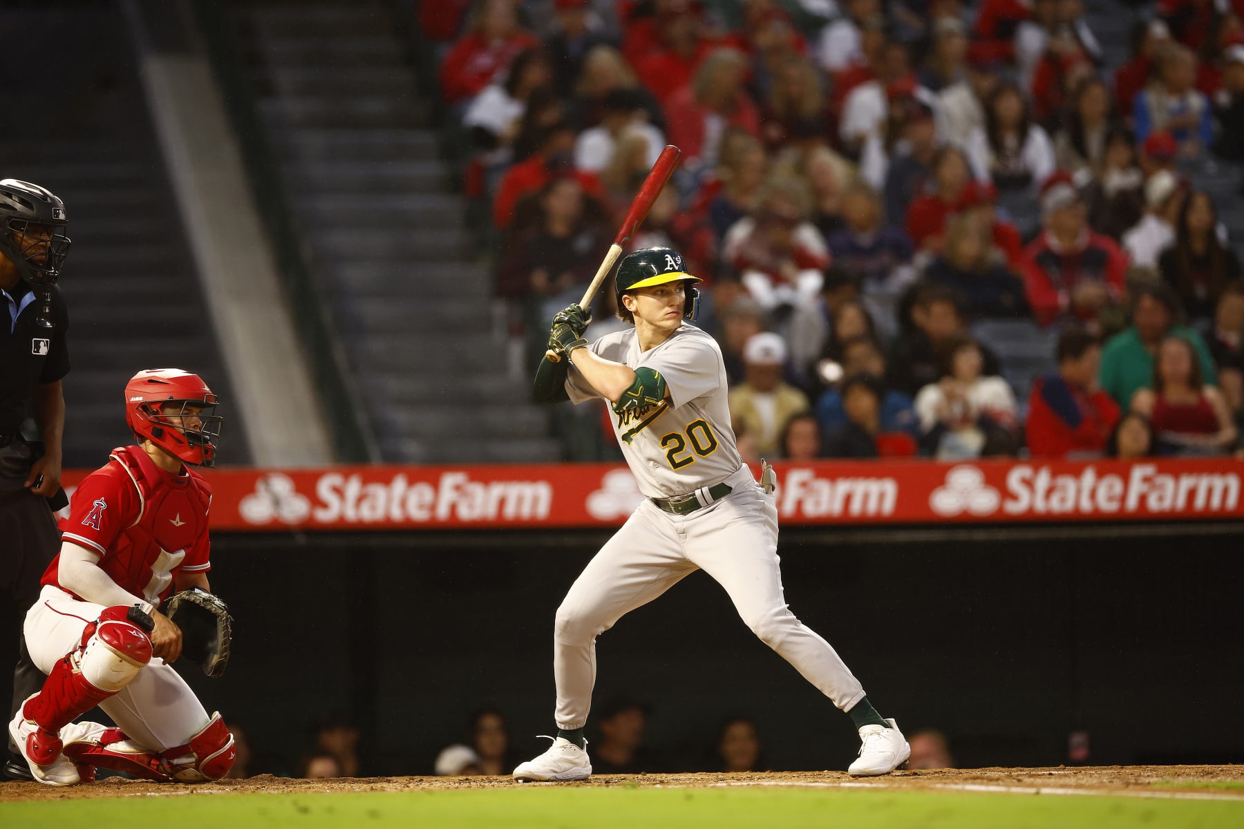 ANAHEIM, CALIFORNIA - SEPTEMBER 30:  Zack Gelof #20 of the Oakland Athletics in the third inning at Angel Stadium of Anaheim on September 30, 2023 in Anaheim, California. (Photo by Ronald Martinez/Getty Images)