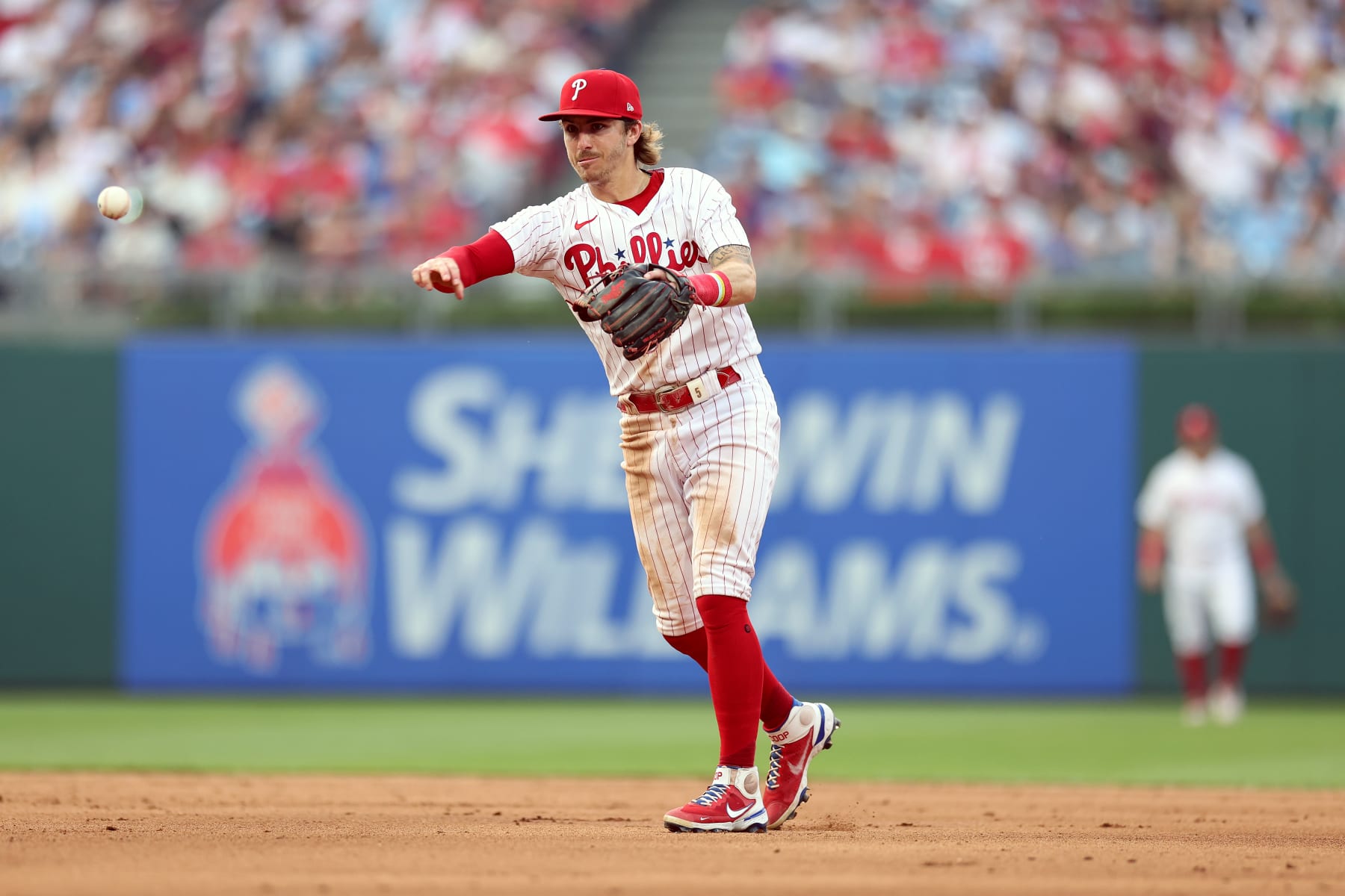 PHILADELPHIA, PENNSYLVANIA - JUNE 30: Bryson Stott #5 of the Philadelphia Phillies fields a ground ball during the fifth inning against the Washington Nationals at Citizens Bank Park on June 30, 2023 in Philadelphia, Pennsylvania. (Photo by Tim Nwachukwu/Getty Images)