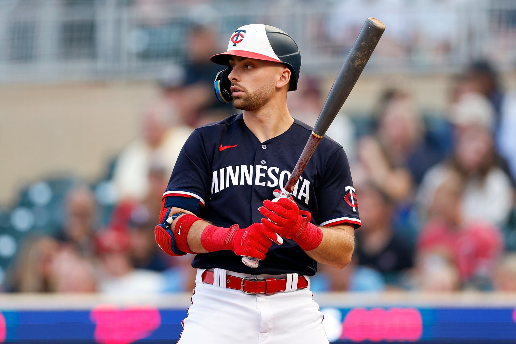 MINNEAPOLIS, MINNESOTA - AUGUST 29: Edouard Julien #47 of the Minnesota Twins looks on during an at-bat against the Cleveland Guardians in the first inning at Target Field on August 29, 2023 in Minneapolis, Minnesota. The Guardians defeated the Twins 4-2. (Photo by David Berding/Getty Images)