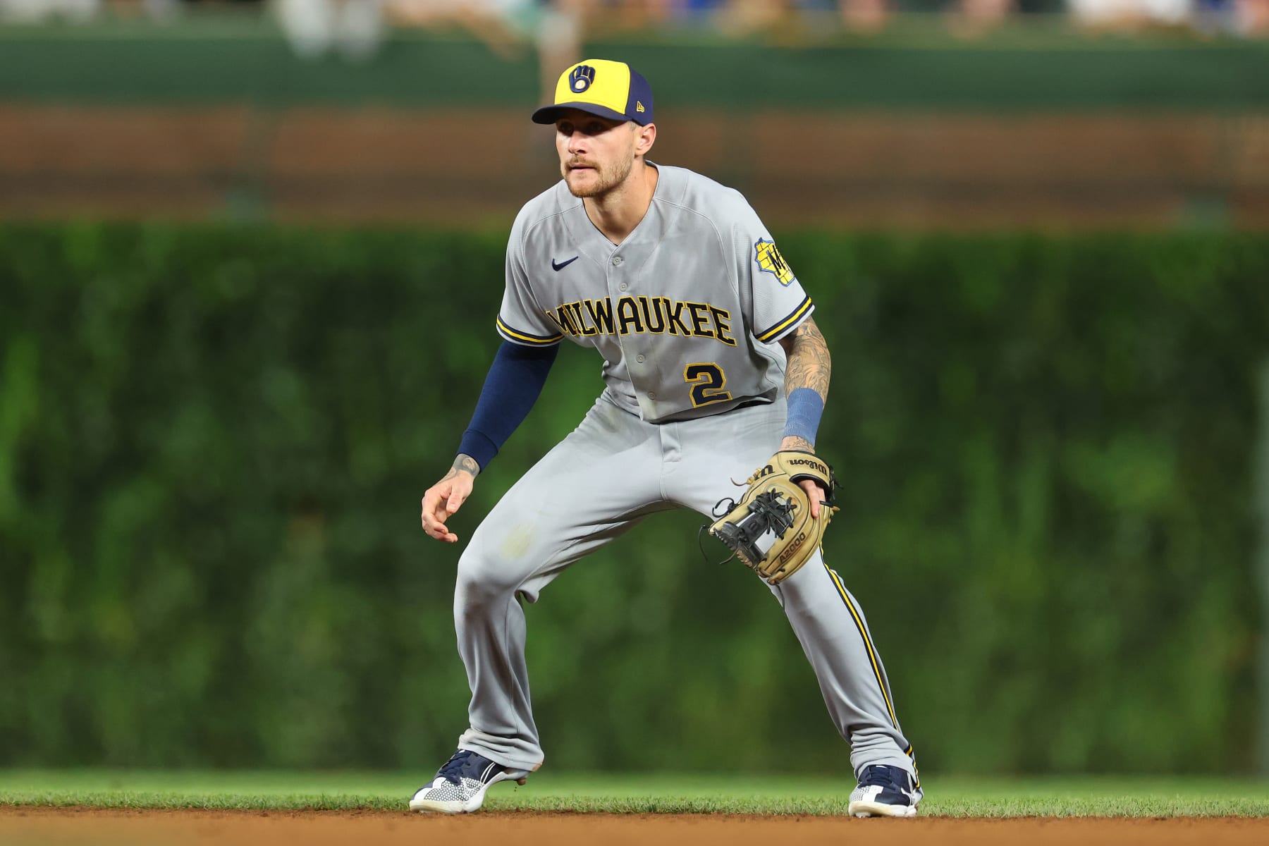 CHICAGO, ILLINOIS - AUGUST 28: Brice Turang #2 of the Milwaukee Brewers in action against the Chicago Cubs at Wrigley Field on August 28, 2023 in Chicago, Illinois. (Photo by Michael Reaves/Getty Images)
