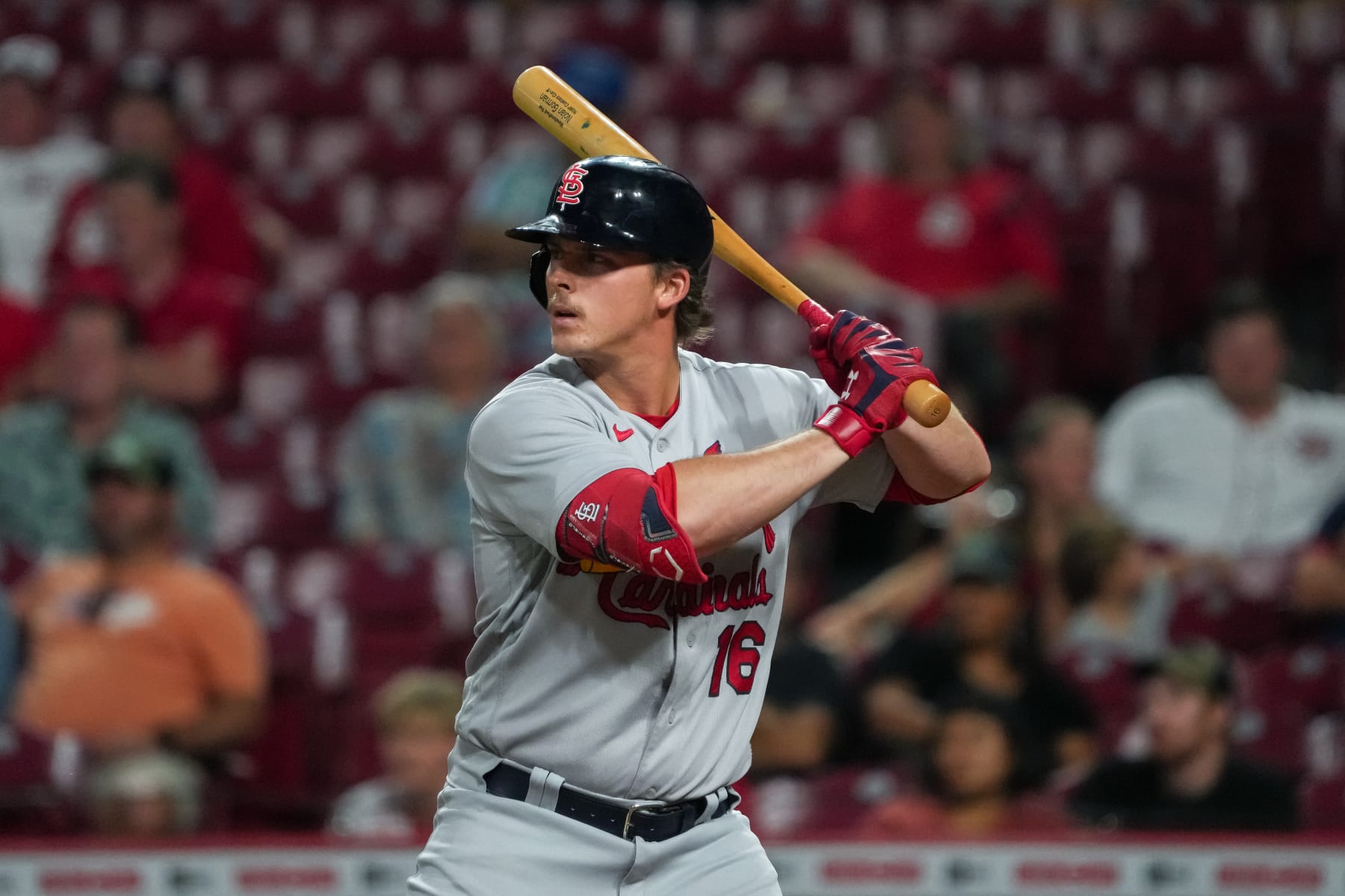 CINCINNATI, OHIO - AUGUST 31: Nolan Gorman #16 of the St. Louis Cardinals bats in the 12th inning against the Cincinnati Reds at Great American Ball Park on August 31, 2022 in Cincinnati, Ohio. (Photo by Dylan Buell/Getty Images)