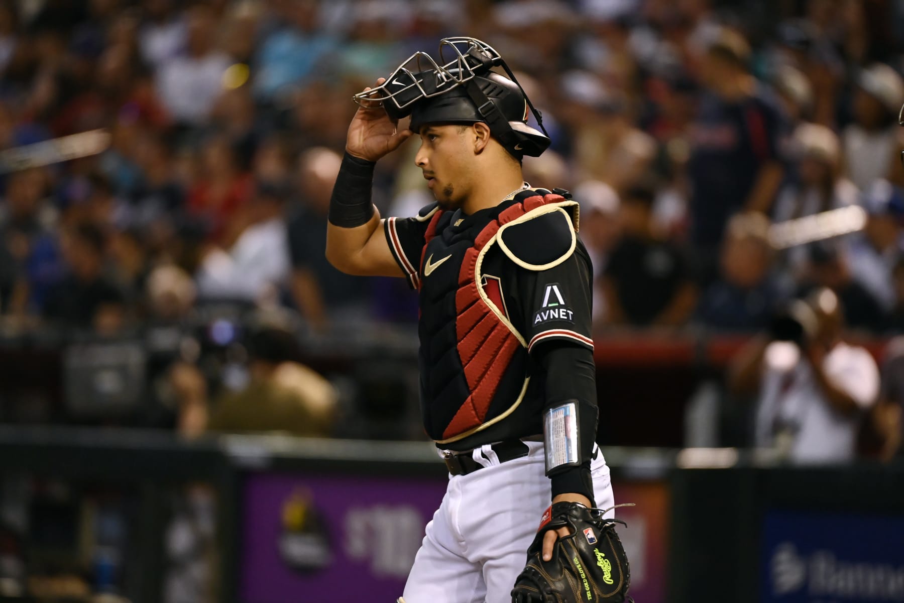 PHOENIX, ARIZONA - JUNE 03: Gabriel Moreno #14 of the Arizona Diamondbacks gets ready while standing behind home plate against the Atlanta Braves at Chase Field on June 03, 2023 in Phoenix, Arizona. (Photo by Norm Hall/Getty Images)
