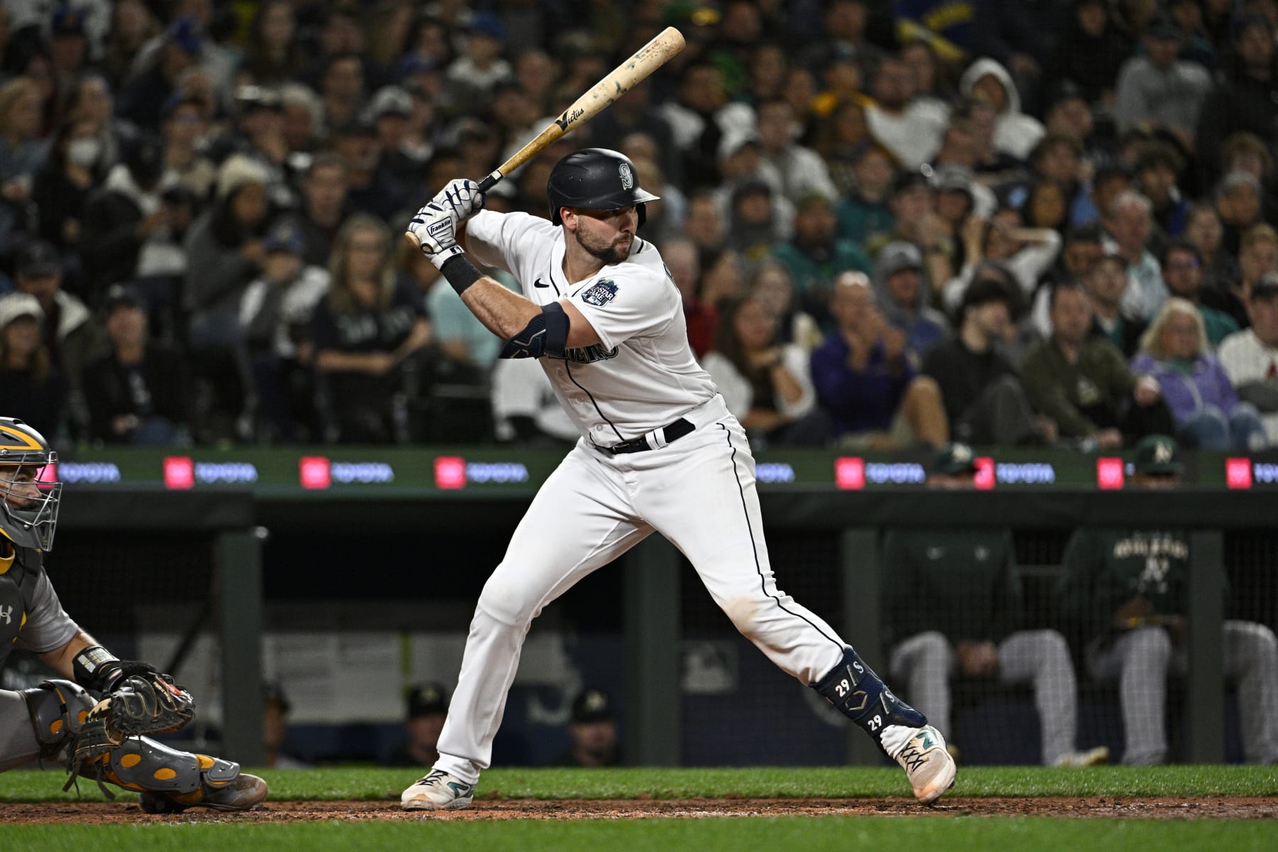 SEATTLE, WASHINGTON - AUGUST 29: Cal Raleigh #29 of the Seattle Mariners bats during the fourth inning against the Oakland Athletics at T-Mobile Park on August 29, 2023 in Seattle, Washington. (Photo by Alika Jenner/Getty Images)