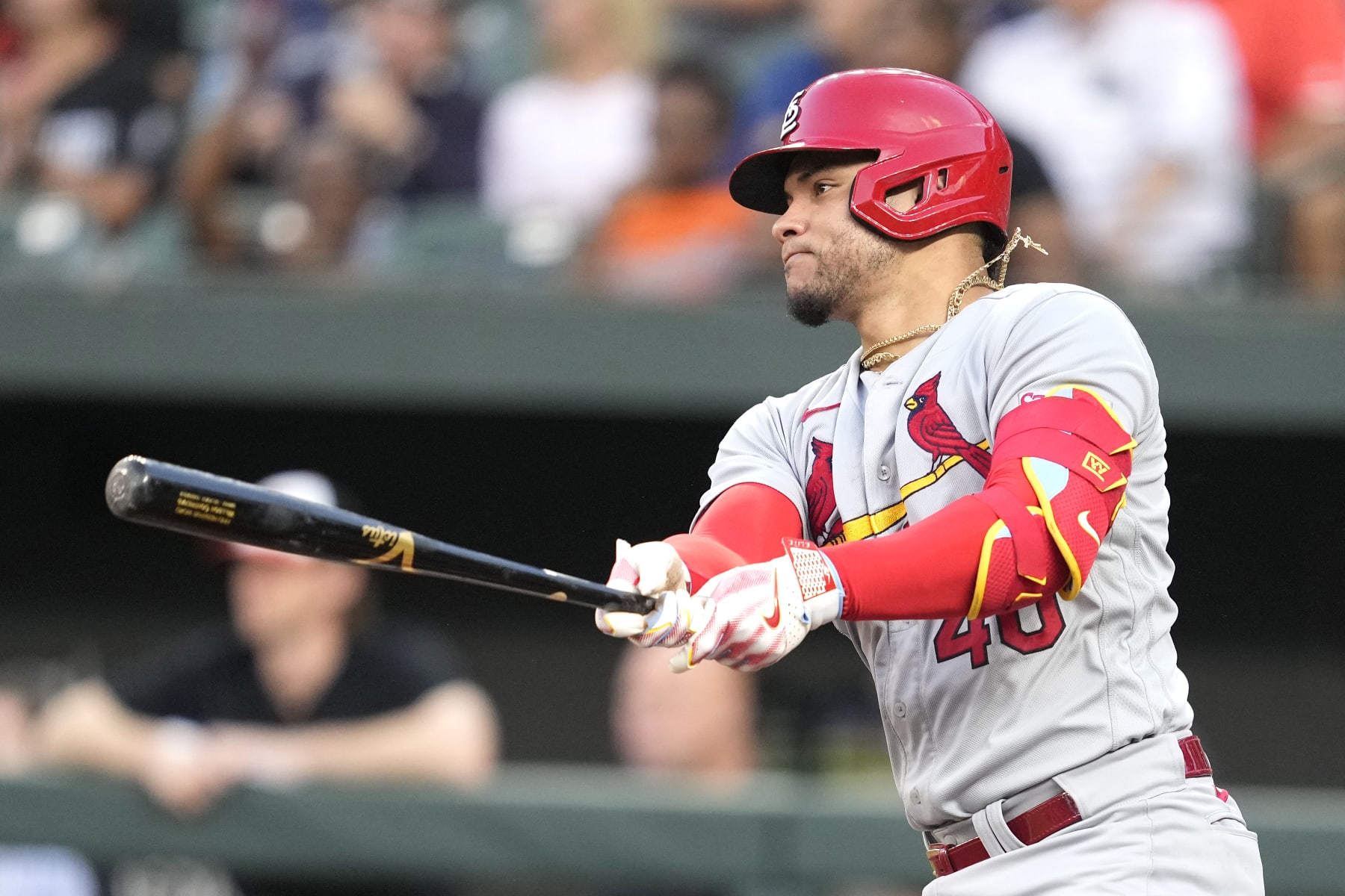 BALTIMORE, MD - SEPTEMBER 11: Willson Contreras #40 of the St. Louis Cardinals throws to second base against the Baltimore Orioles at Oriole Park at Camden Yards on September 11, 2023 in Baltimore, Maryland. (Photo by Mitchell Layton/Getty Images)