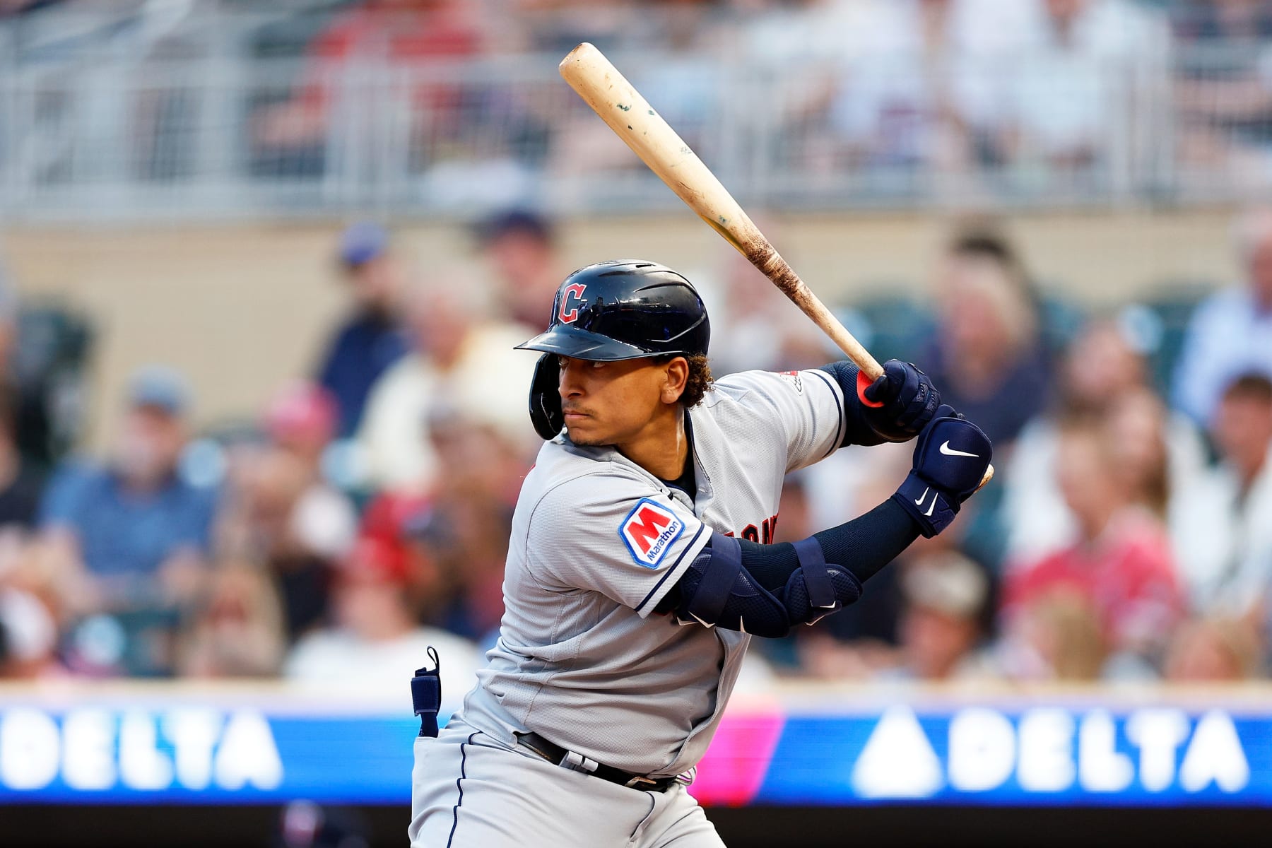 MINNEAPOLIS, MINNESOTA - AUGUST 29: Bo Naylor #23 of the Cleveland Guardians takes an at-bat against the Minnesota Twins in the second inning at Target Field on August 29, 2023 in Minneapolis, Minnesota. The Guardians defeated the Twins 4-2. (Photo by David Berding/Getty Images)