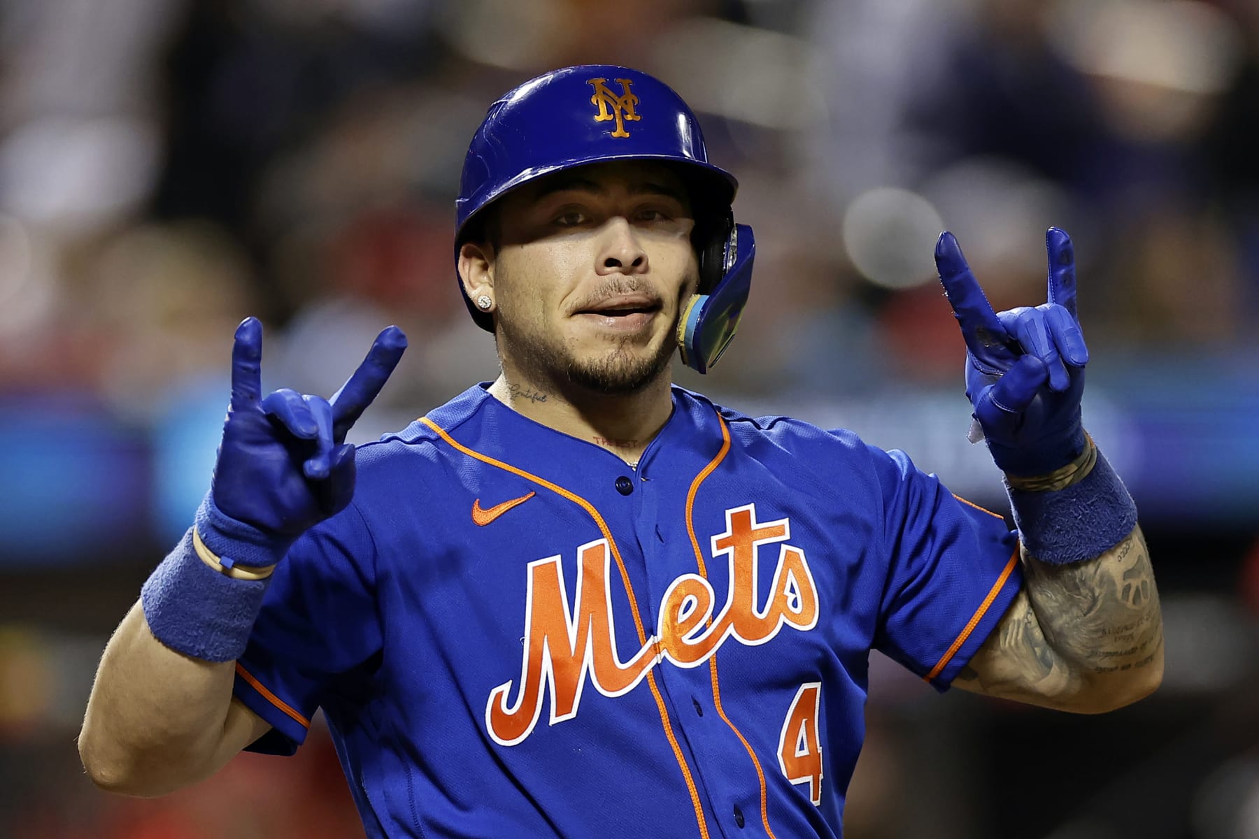 NEW YORK, NY - SEPTEMBER 30: Francisco Alvarez #4 of the New York Mets reacts after hitting a grand slam against the Philadelphia Phillies during the third inning of game two of a doubleheader at Citi Field on September 30, 2023 in New York City. (Photo by Adam Hunger/Getty Images)