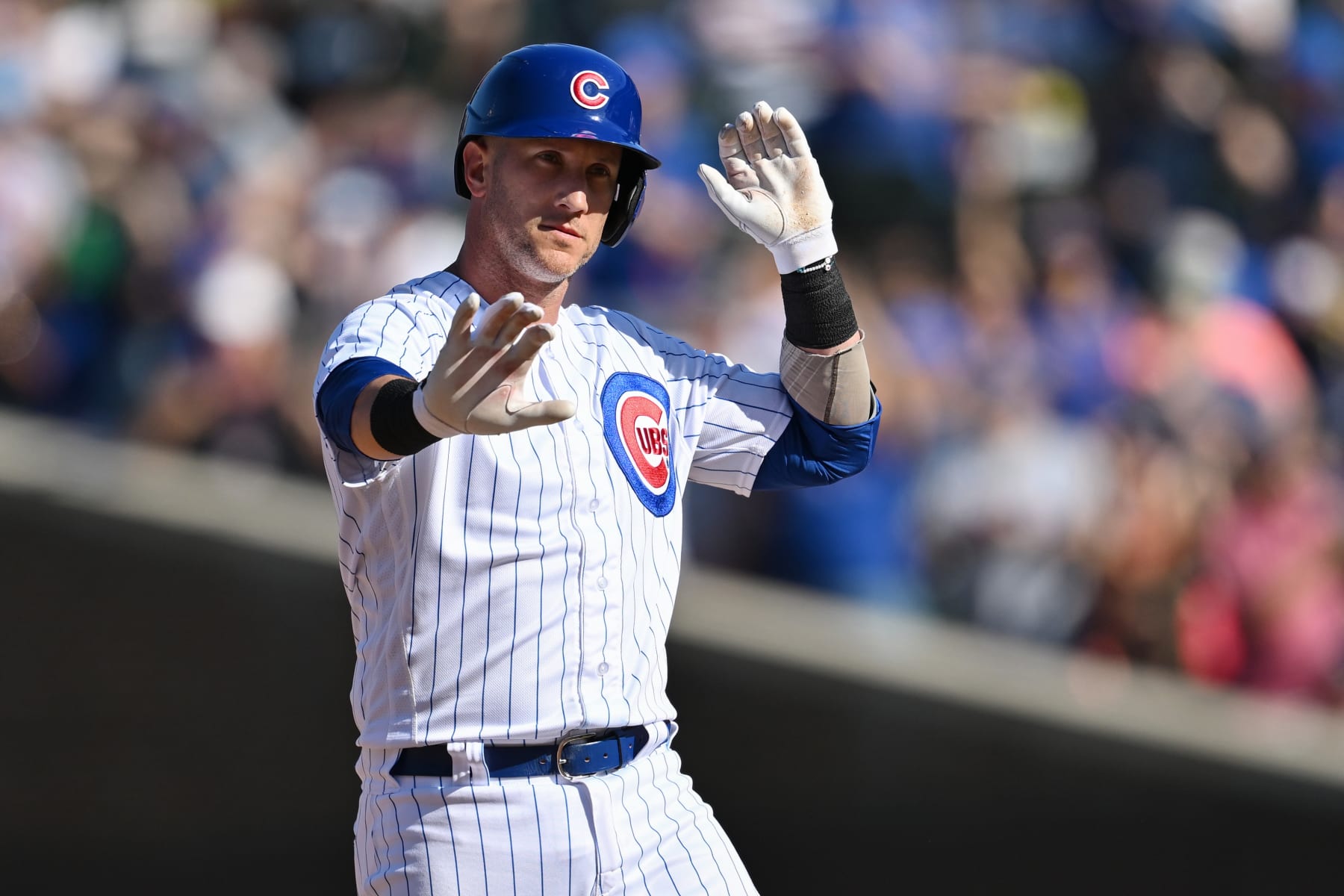 CHICAGO, ILLINOIS - SEPTEMBER 23: Yan Gomes #15 of the Chicago Cubs reacts after hitting an RBI double in the sixth inning against the Colorado Rockies at Wrigley Field on September 23, 2023 in Chicago, Illinois. (Photo by Quinn Harris/Getty Images)