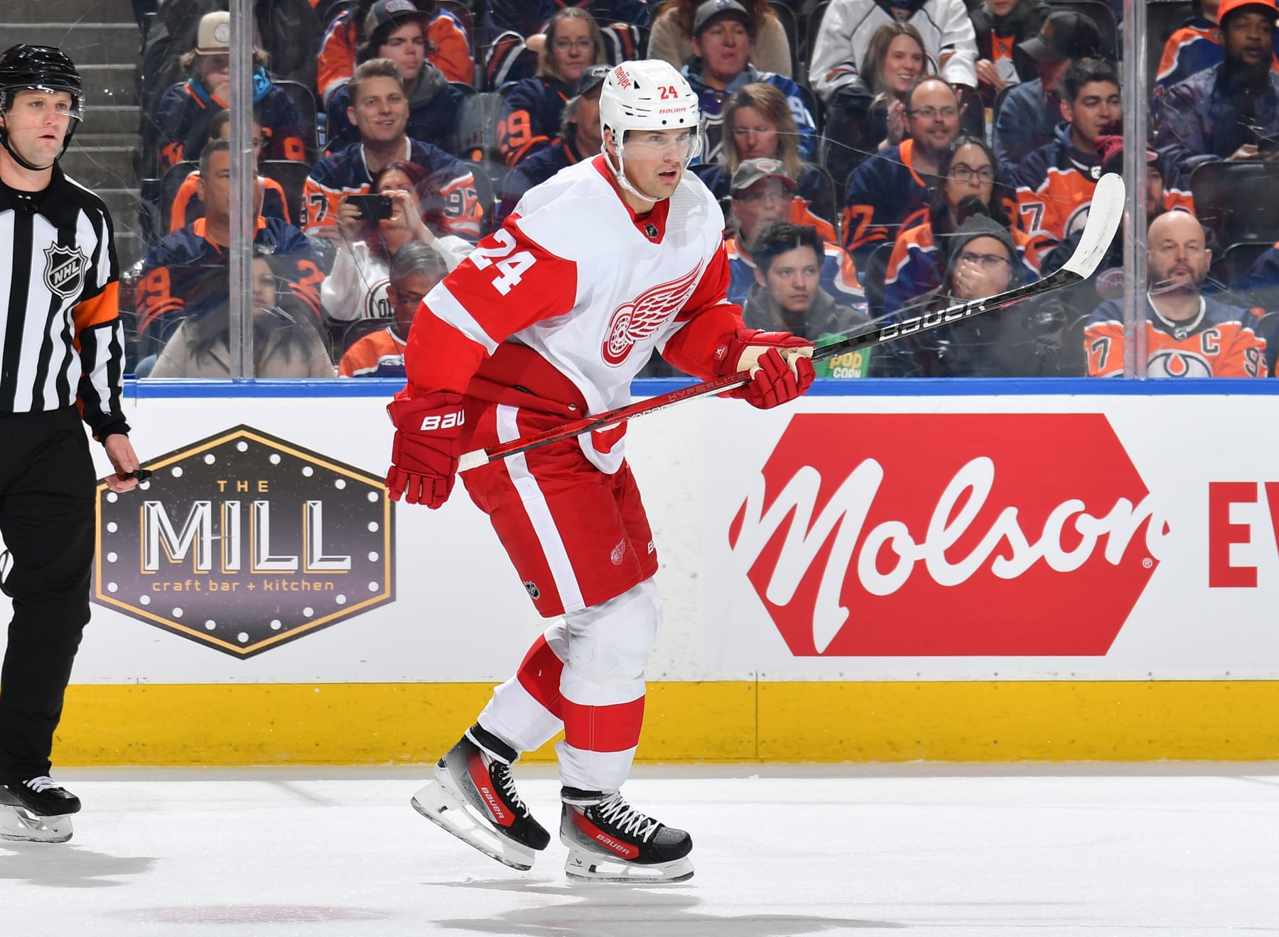 EDMONTON, CANADA - FEBRUARY 13: Klim Kostin #24 of the Detroit Red Wings skates during the game against the Edmonton Oilers at Rogers Place on February 13, 2024, in Edmonton, Alberta, Canada. (Photo by Andy Devlin/NHLI via Getty Images)