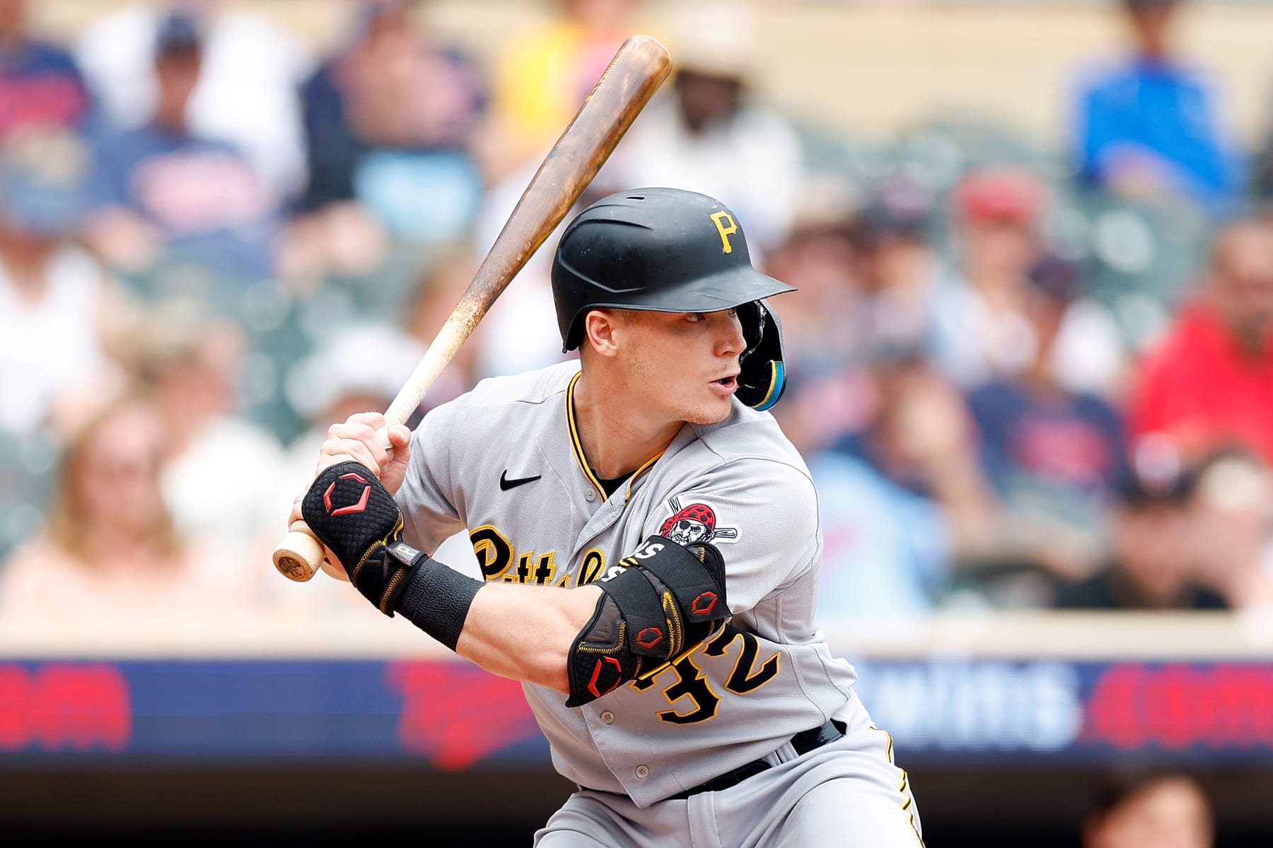 MINNEAPOLIS, MINNESOTA - AUGUST 20: Henry Davis #32 of the Pittsburgh Pirates takes an at-bat against the Minnesota Twins in the sixth inning at Target Field on August 20, 2023 in Minneapolis, Minnesota. The Twins defeated the Pirates 2-0. (Photo by David Berding/Getty Images)