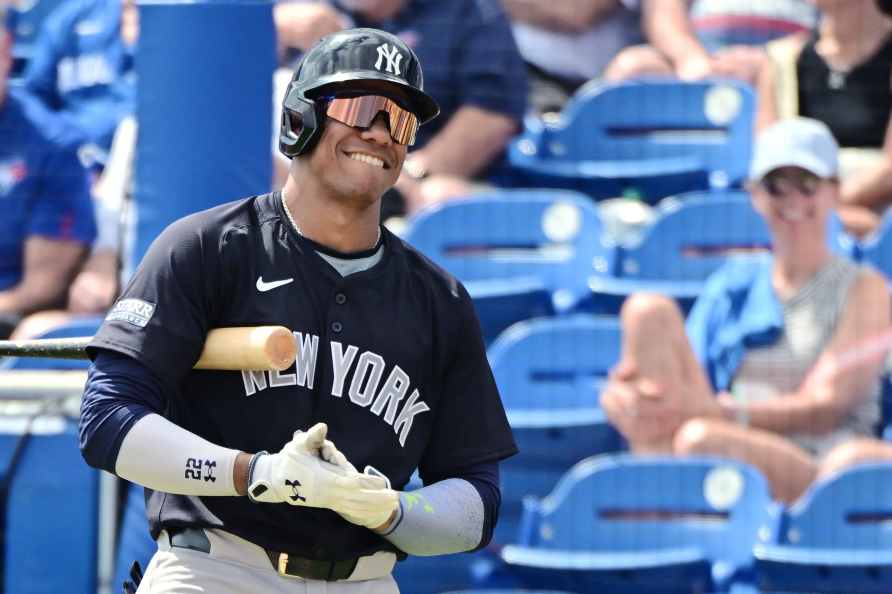 DUNEDIN, FLORIDA - MARCH 08: Juan Soto #22 of the New York Yankees reacts in the third inning during a 2024 Grapefruit League Spring Training game against the Toronto Blue Jays at TD Ballpark on March 08, 2024 in Dunedin, Florida. (Photo by Julio Aguilar/Getty Images)