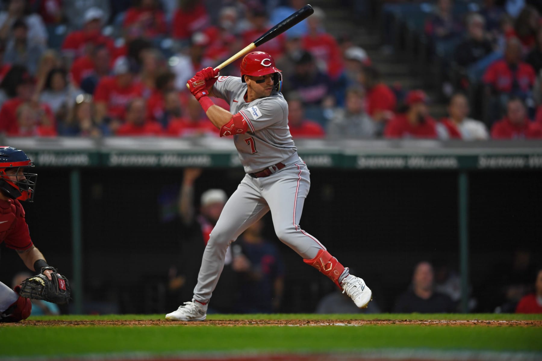 CLEVELAND, OHIO - SEPTEMBER 27, 2023: Spencer Steer #7 of the Cincinnati Reds bats during the fourth inning against the Cleveland Guardians at Progressive Field on September 27, 2023 in Cleveland, Ohio. (Photo by George Kubas/Diamond Images via Getty Images)