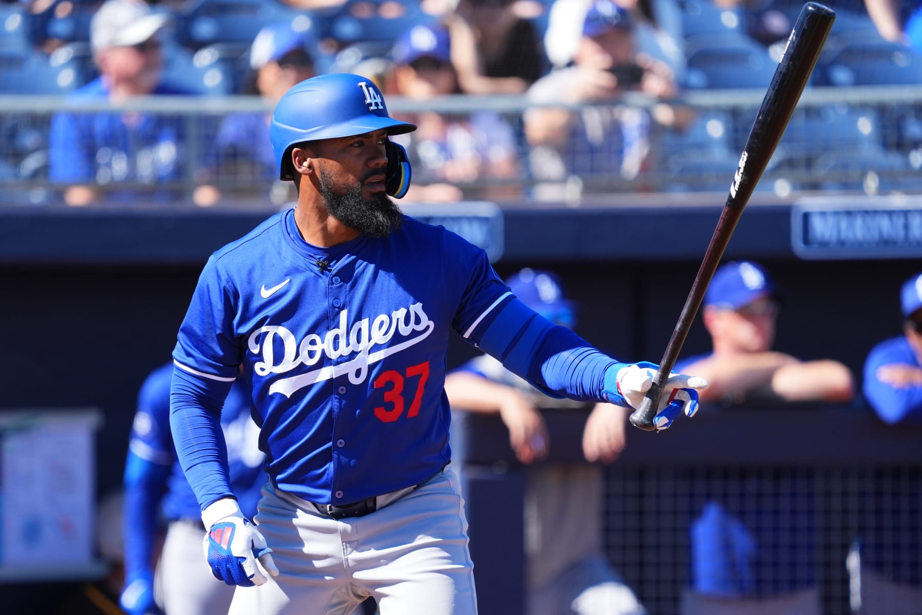 PEORIA, ARIZONA - FEBRUARY 22: Teoscar Hernandez of the Los Angeles Dodgers at bat during a spring training game against the San Diego Padres at the Peoria Sports Complex on February 22, 2024 in Peoria, Arizona. (Photo by Masterpress/Getty Images)
