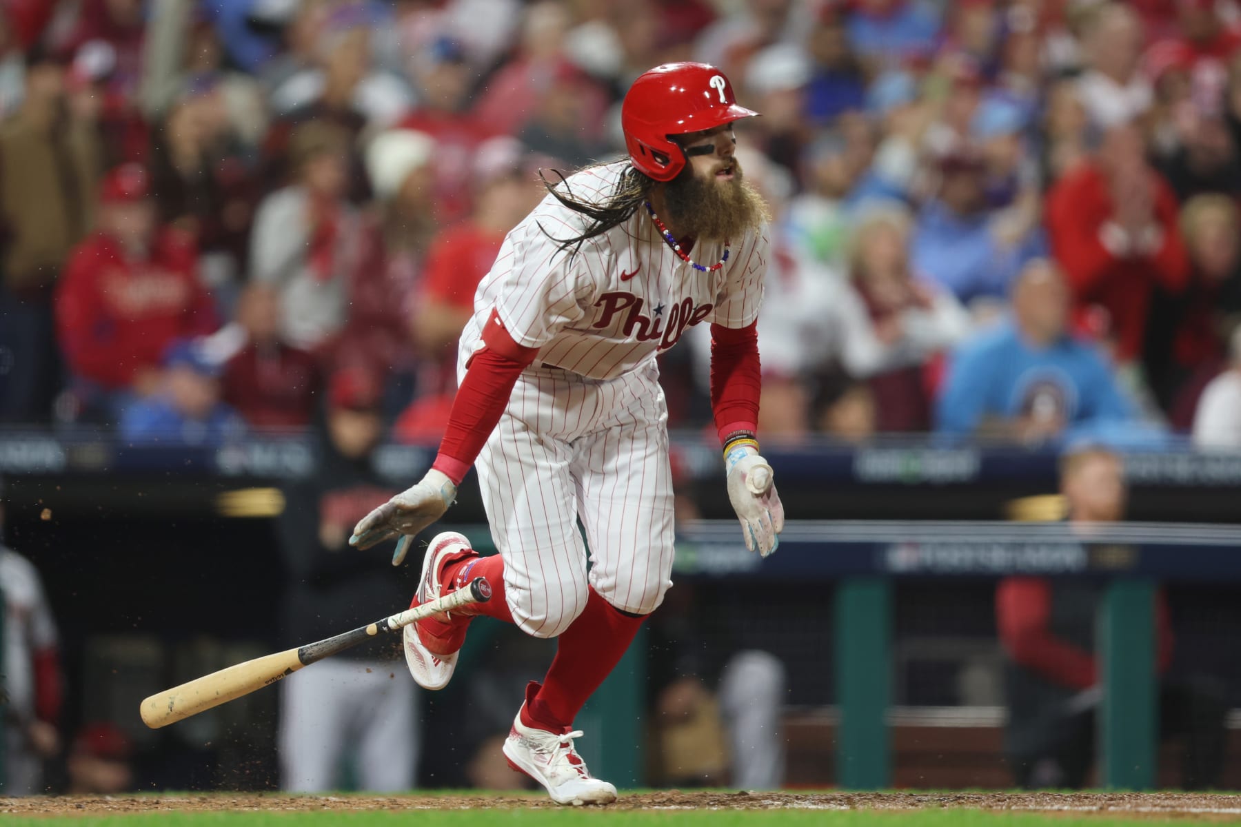 PHILADELPHIA, PA - OCTOBER 24: Brandon Marsh #16 of the Philadelphia Phillies hits a single in the third inning during Game 7 of the NLCS between the Arizona Diamondbacks and the Philadelphia Phillies at Citizens Bank Park on Tuesday, October 24, 2023 in Philadelphia, Pennsylvania. (Photo by Rob Tringali/MLB Photos via Getty Images)