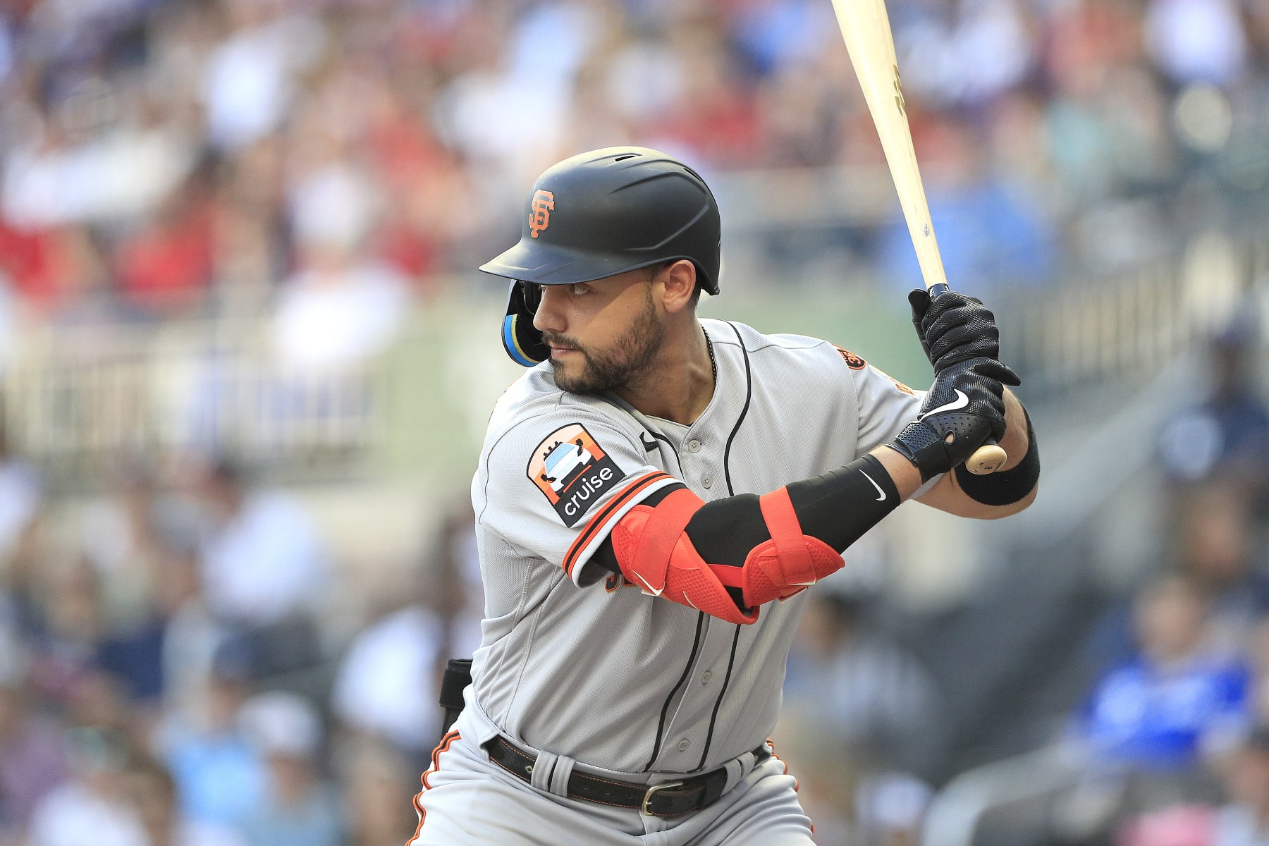 ATLANTA, GA - AUGUST 19: San Francisco Giants right fielder Michael Conforto (8) bats during the Saturday evening MLB game between the San Francisco Giants and the Atlanta Braves on August 19, 2023 at Truist Park in Atlanta, Georgia.  (Photo by David J. Griffin/Icon Sportswire via Getty Images)