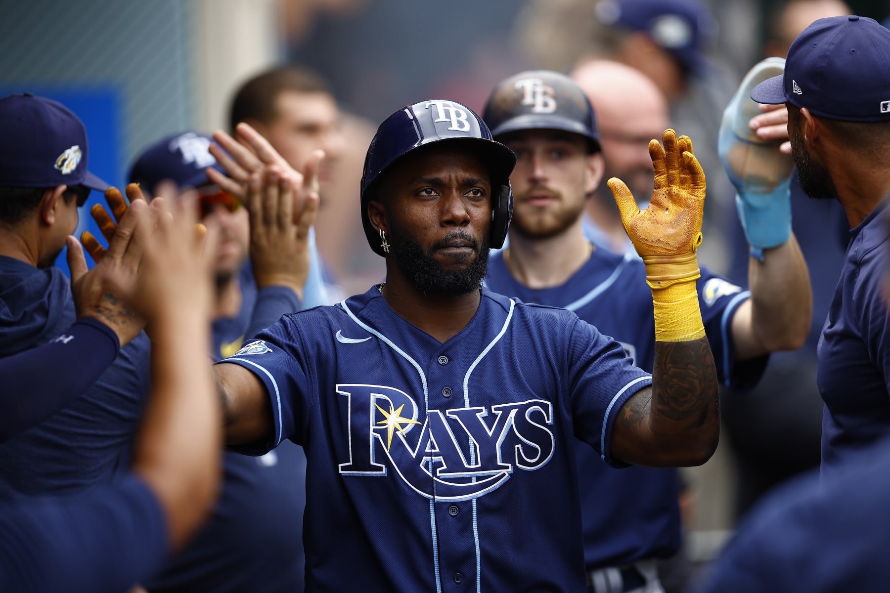 ANAHEIM, CALIFORNIA - AUGUST 19:   Randy Arozarena #56 of the Tampa Bay Rays celebrates a run in the first inning during game one of a doubleheader at Angel Stadium of Anaheim on August 19, 2023 in Anaheim, California. (Photo by Ronald Martinez/Getty Images)
