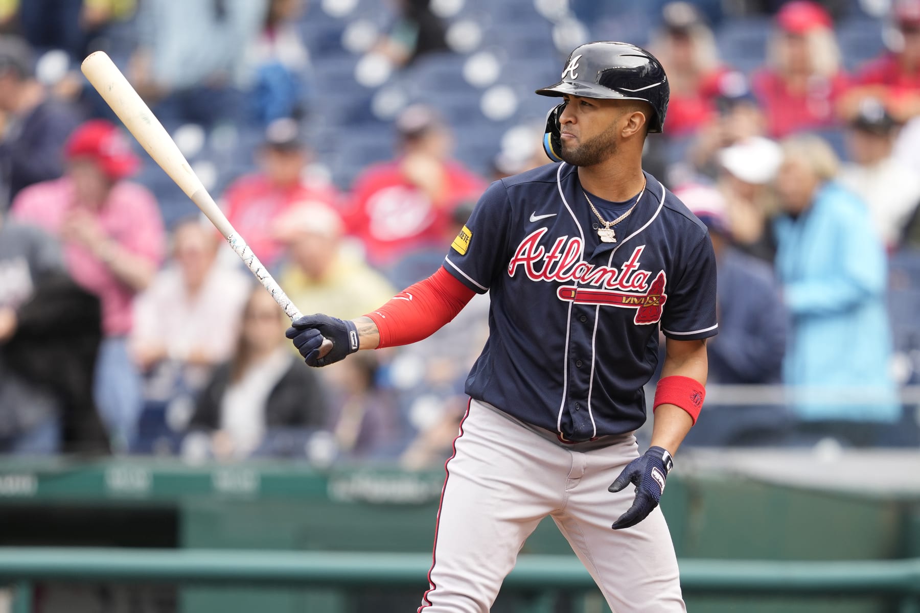 WASHINGTON, DC - SEPTEMBER 24:  Eddie Rosario #8 of the Atlanta Braves prepares for a pitch during game one of a doubleheader of a baseball game against the Washington Nationals at Nationals Park on September 24, 2023 in Washington, DC.  (Photo by Mitchell Layton/Getty Images)