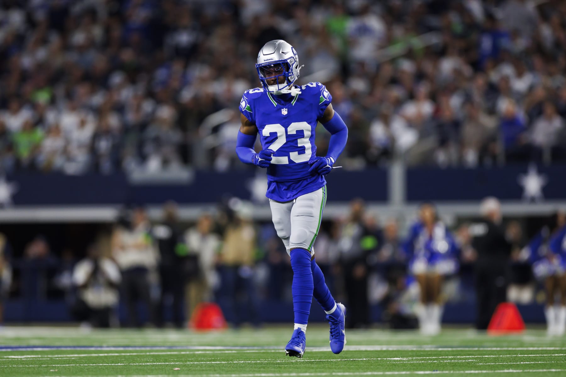 ARLINGTON, TEXAS - NOVEMBER 30: Artie Burns #23 of the Seattle Seahawks runs during an NFL football game against the Dallas Cowboys at AT&T Stadium on November 30, 2023 in Arlington, Texas. (Photo by Ryan Kang/Getty Images) ARLINGTON, TEXAS - NOVEMBER 30: Artie Burns #23 of the Seattle Seahawks runs during an NFL football game against the Dallas Cowboys at AT&T Stadium on November 30, 2023 in Arlington, Texas. (Photo by Ryan Kang/Getty Images)