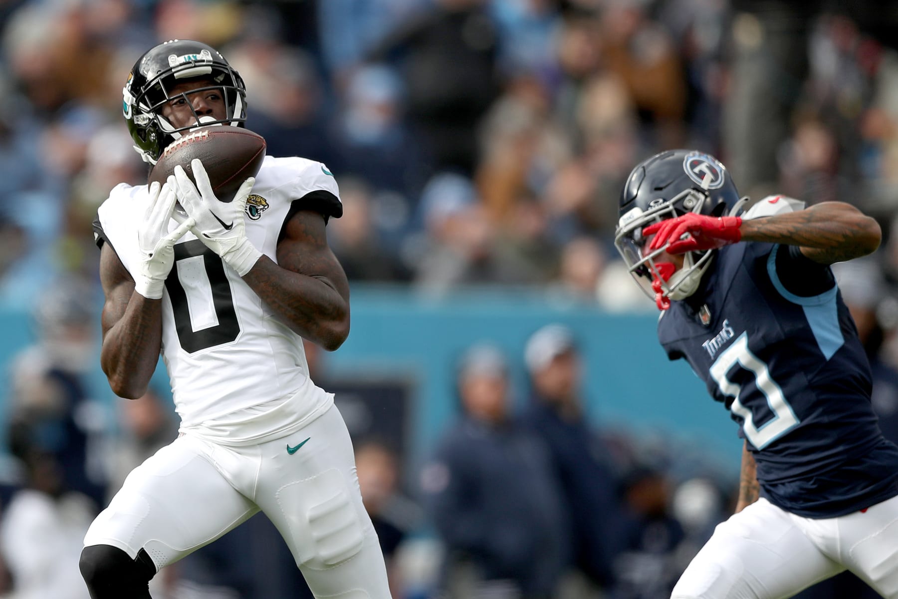 NASHVILLE, TENNESSEE - JANUARY 07: Calvin Ridley #0 of the Jacksonville Jaguars catches a pass for a touchdown during the first half against the Tennessee Titans at Nissan Stadium on January 07, 2024 in Nashville, Tennessee. (Photo by Justin Ford/Getty Images) NASHVILLE, TENNESSEE - JANUARY 07: Calvin Ridley #0 of the Jacksonville Jaguars catches a pass for a touchdown during the first half against the Tennessee Titans at Nissan Stadium on January 07, 2024 in Nashville, Tennessee. (Photo by Justin Ford/Getty Images)