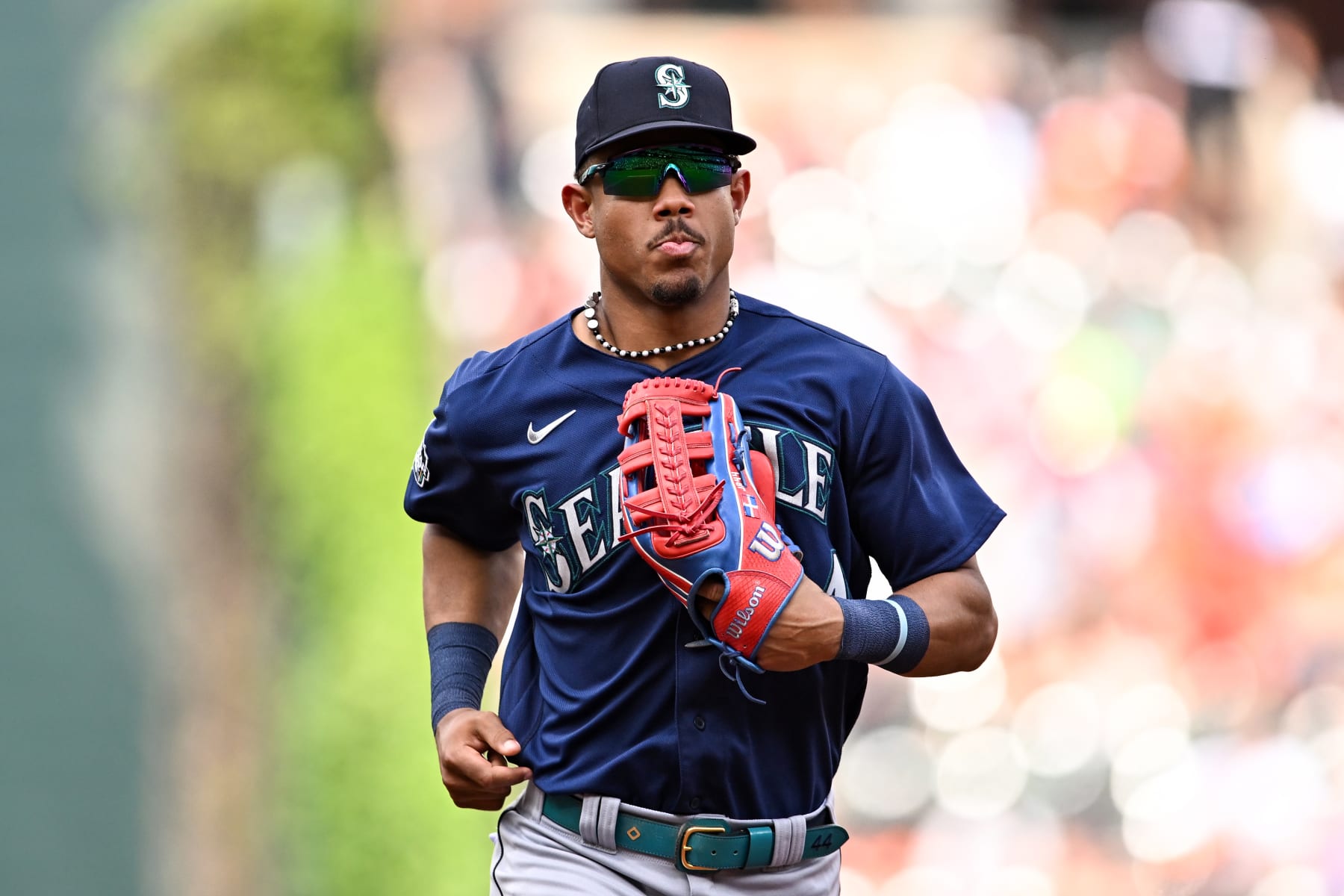 BALTIMORE, MARYLAND - JUNE 25, 2023: Julio Rodriguez #44 of the Seattle Mariners runs off the field after the fifth inning against the Baltimore Orioles at Oriole Park at Camden Yards on June 25, 2023 in Baltimore, Maryland. (Photo by Chris Bernacchi/Diamond Images via Getty Images)