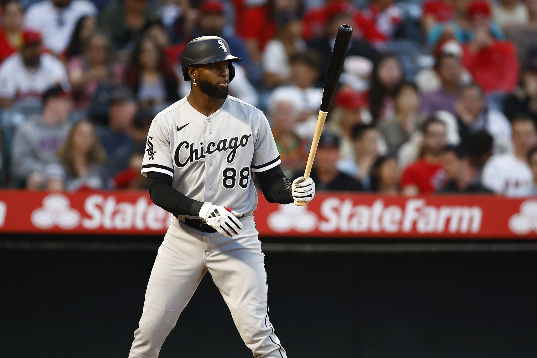 ANAHEIM, CALIFORNIA - JUNE 26:   Luis Robert Jr. #88 of the Chicago White Sox at Angel Stadium of Anaheim on June 26, 2023 in Anaheim, California. (Photo by Ronald Martinez/Getty Images)