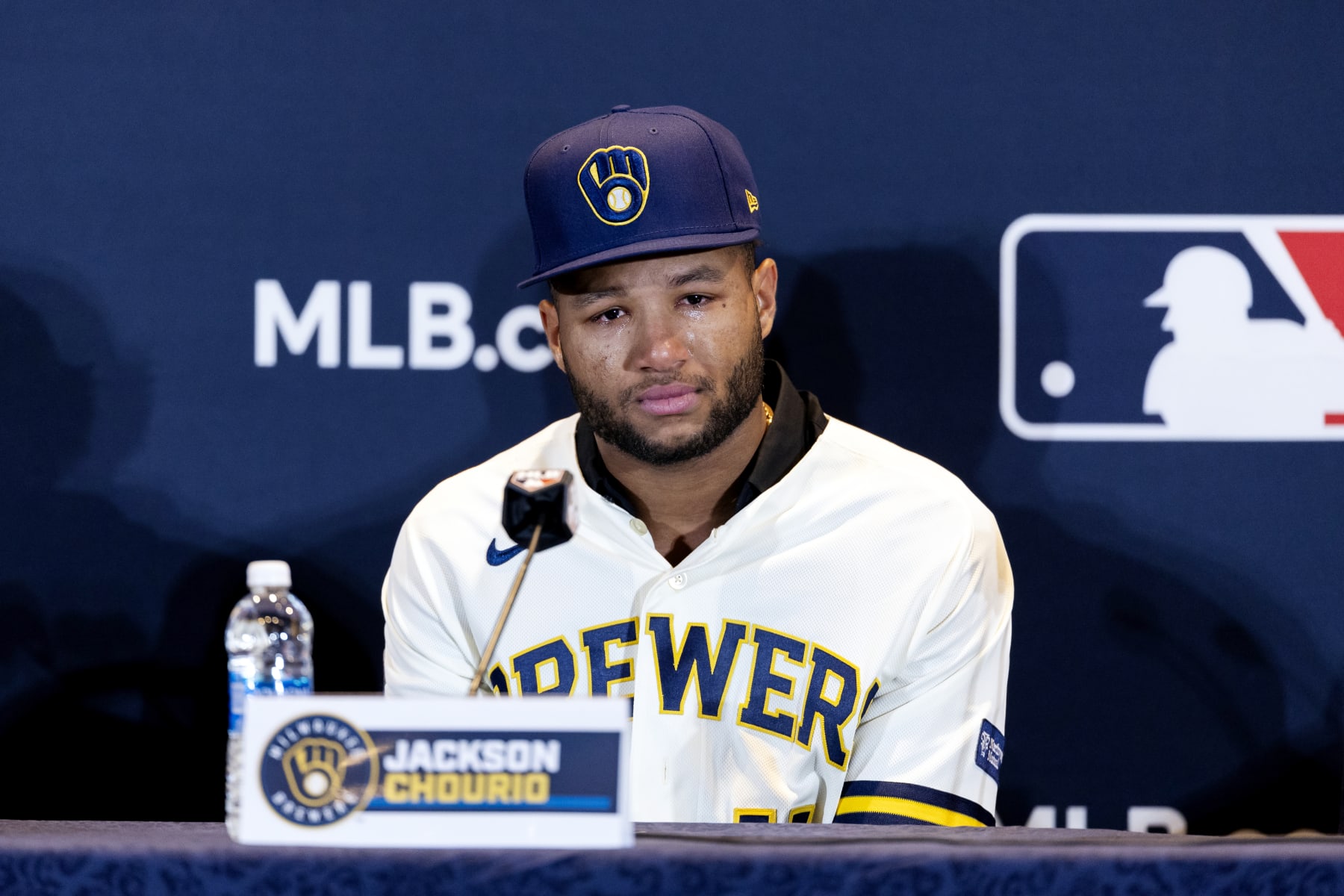 NASHVILE, TN - DECEMBER 04: Jackson Churio talks to media durin the press conference announcing his long term contract at the Gaylord Opryland Resort & Convention Center on Monday, December 4, 2023 in Nashvile, Tennessee. (Photo by Casey Gower/MLB Photos via Getty Images)