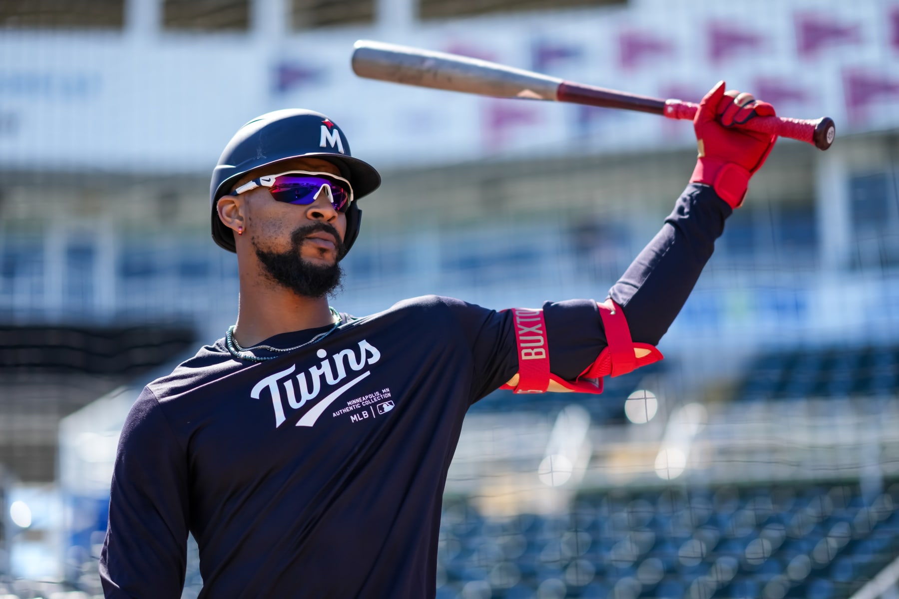 FORT MYERS, FL- FEBRUARY 20: Byron Buxton #25 of the Minnesota Twins looks on during a team workout on February 20, 2024 at the Lee County Sports Complex in Fort Myers, Florida. (Photo by Brace Hemmelgarn/Minnesota Twins/Getty Images)