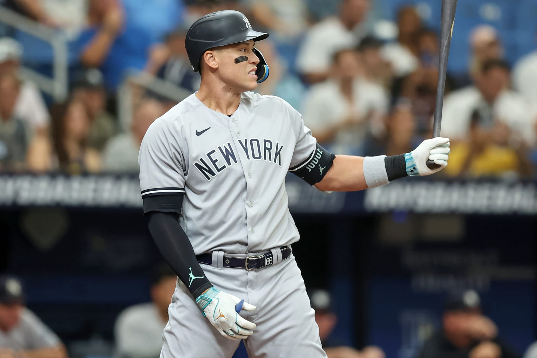 TAMPA, FL - AUGUST 27: Aaron Judge #99 of the New York Yankees bats during the game between the New York Yankees and the Tampa Bay Rays at Tropicana Field on Sunday, August 27, 2023 in Tampa, Florida. (Photo by Mike Carlson/MLB Photos via Getty Images)
