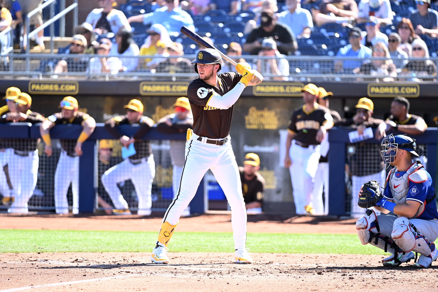PEORIA, ARIZONA - FEBRUARY 22: Jackson Merrill #70 of the San Diego Padres gets ready in the batters box against the Los Angeles Dodgers during a spring training game at the Peoria Sports Complex on February 22, 2024 in Peoria, Arizona. (Photo by Norm Hall/Getty Images)