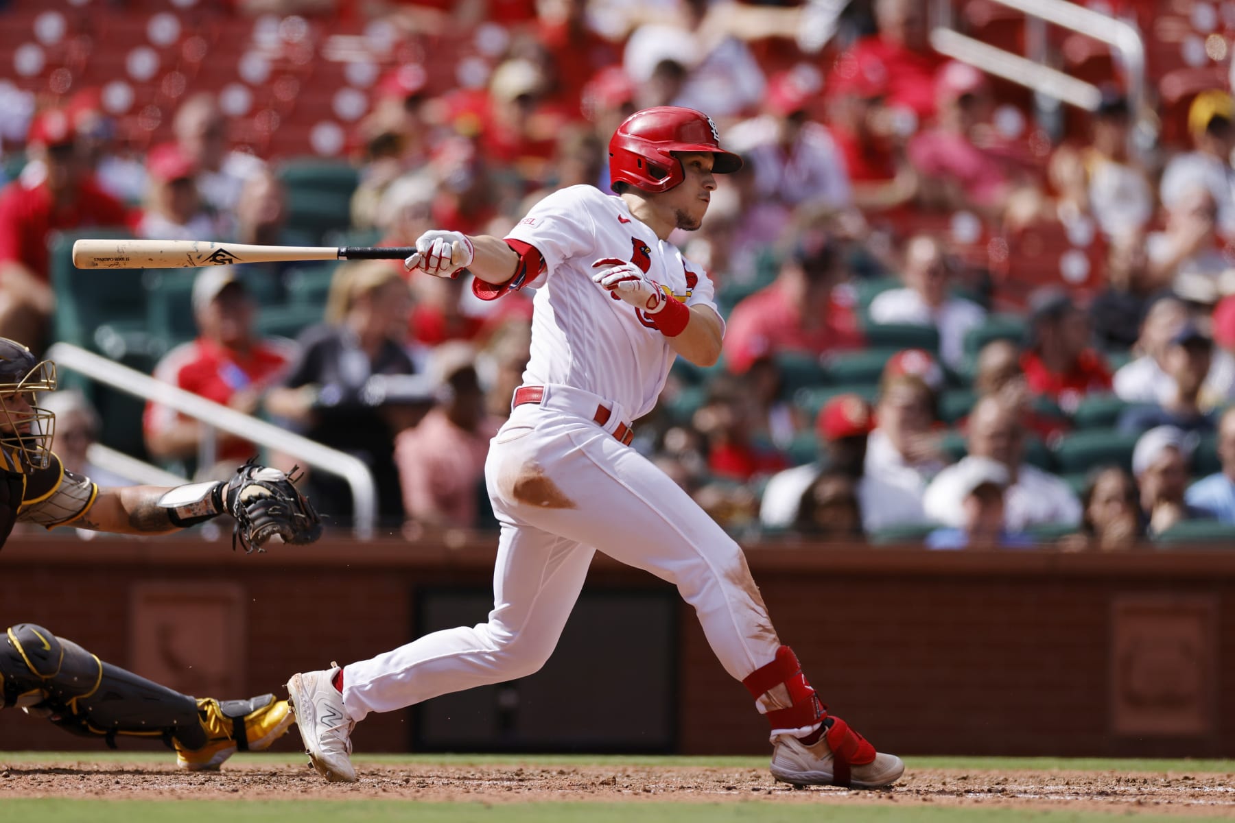 ST. LOUIS, MO - AUGUST 30: St. Louis Cardinals center fielder Tommy Edman (19) bats during an MLB game against the San Diego Padres on August 30, 2023 at Busch Stadium in St. Louis, Missouri. (Photo by Joe Robbins/Icon Sportswire via Getty Images)