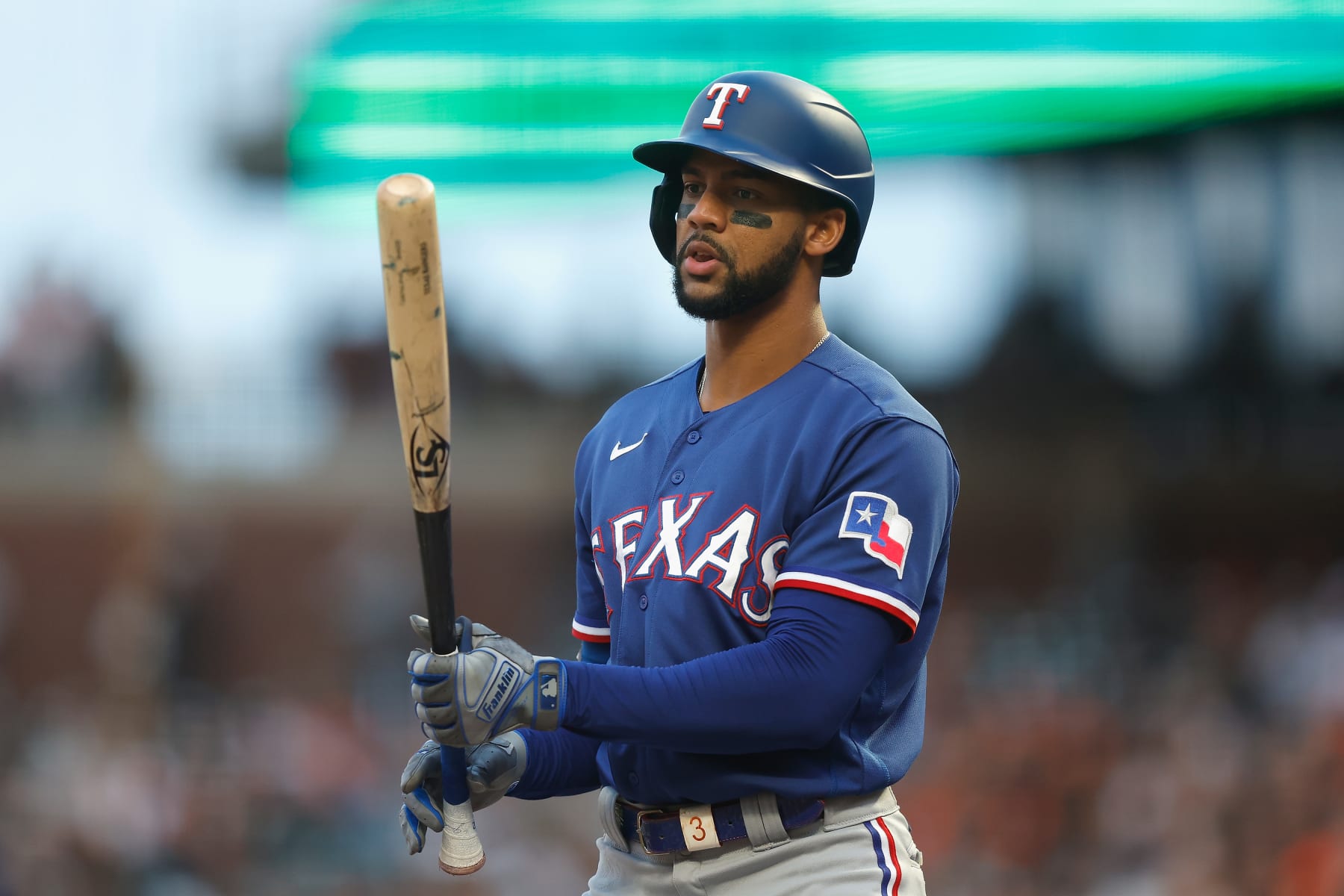 SAN FRANCISCO, CALIFORNIA - AUGUST 11: Leody Taveras #3 of the Texas Rangers at bat against the San Francisco Giants at Oracle Park on August 11, 2023 in San Francisco, California. (Photo by Lachlan Cunningham/Getty Images)