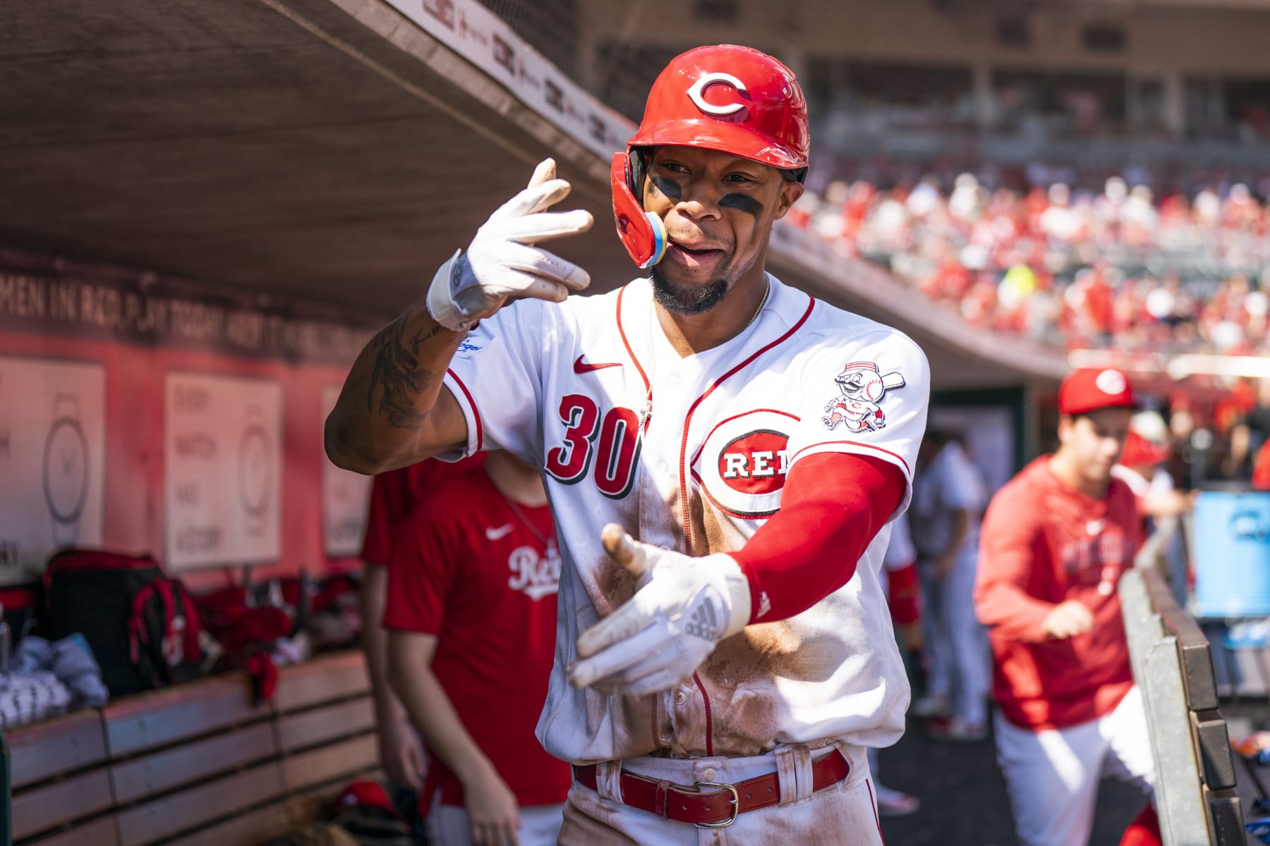 CINCINNATI, OHIO - SEPTEMBER 20: Will Benson #30 of the Cincinnati Reds celebrates a run during a game against the Minnesota Twins at Great American Ball Park on September 20, 2023 in Cincinnati, Ohio. (Photo by Emilee Chinn/Cincinnati Reds/Getty Images)
