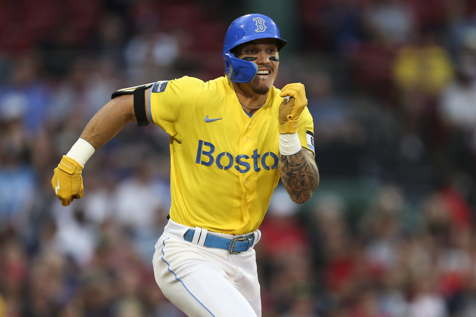 Boston, MA - August 8: Boston Red Sox LF Jarren Duran runs to first base. The Red Sox lost to the Kansas City Royals, 9-3. (Photo by Tanner Pearson/The Boston Globe via Getty Images)