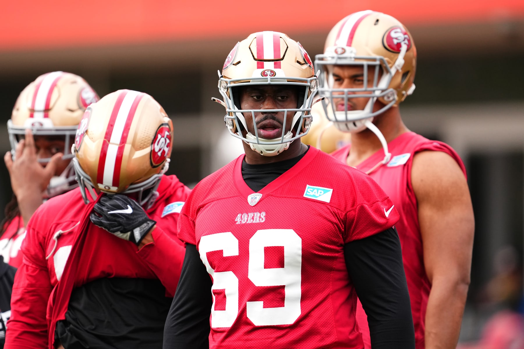 LAS VEGAS, NEVADA - FEBRUARY 09: Sebastian Joseph-Day #69 looks on during San Francisco 49ers practice ahead of Super Bowl LVIII at Fertitta Football Complex on February 09, 2024 in Las Vegas, Nevada. (Photo by Chris Unger/Getty Images) LAS VEGAS, NEVADA - FEBRUARY 09: Sebastian Joseph-Day #69 looks on during San Francisco 49ers practice ahead of Super Bowl LVIII at Fertitta Football Complex on February 09, 2024 in Las Vegas, Nevada. (Photo by Chris Unger/Getty Images)