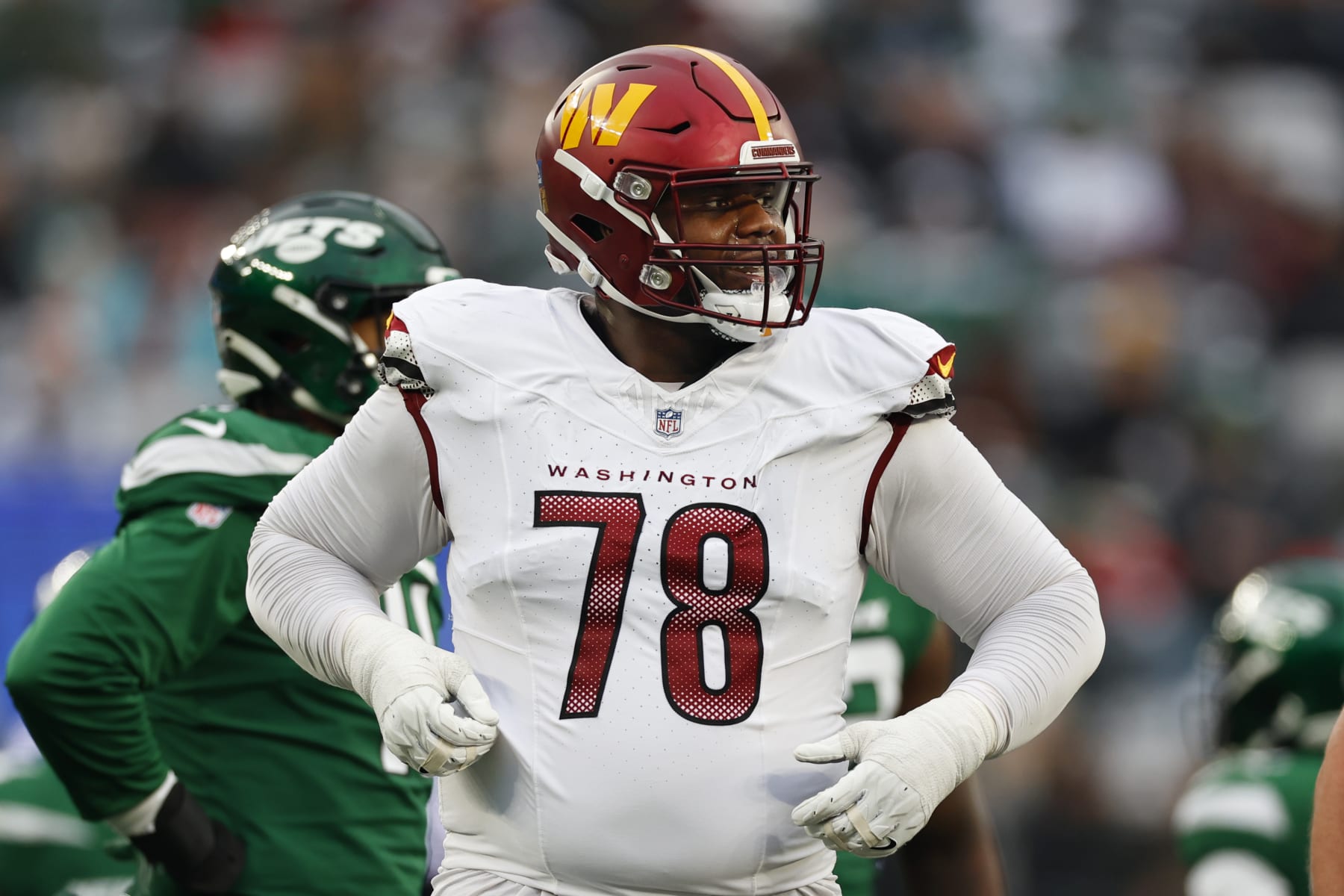 EAST RUTHERFORD, NEW JERSEY - DECEMBER 24: Cornelius Lucas #78 of the Washington Commanders in action against the New York Jets during a game at MetLife Stadium on December 24, 2023 in East Rutherford, New Jersey. (Photo by Rich Schultz/Getty Images) EAST RUTHERFORD, NEW JERSEY - DECEMBER 24: Cornelius Lucas #78 of the Washington Commanders in action against the New York Jets during a game at MetLife Stadium on December 24, 2023 in East Rutherford, New Jersey. (Photo by Rich Schultz/Getty Images)