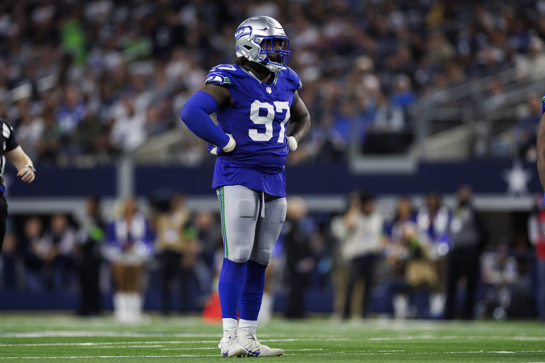 ARLINGTON, TEXAS - NOVEMBER 30: Mario Edwards Jr. #97 of the Seattle Seahawks looks on during an NFL football game against the Dallas Cowboys at AT&T Stadium on November 30, 2023 in Arlington, Texas. (Photo by Ryan Kang/Getty Images) ARLINGTON, TEXAS - NOVEMBER 30: Mario Edwards Jr. #97 of the Seattle Seahawks looks on during an NFL football game against the Dallas Cowboys at AT&T Stadium on November 30, 2023 in Arlington, Texas. (Photo by Ryan Kang/Getty Images)